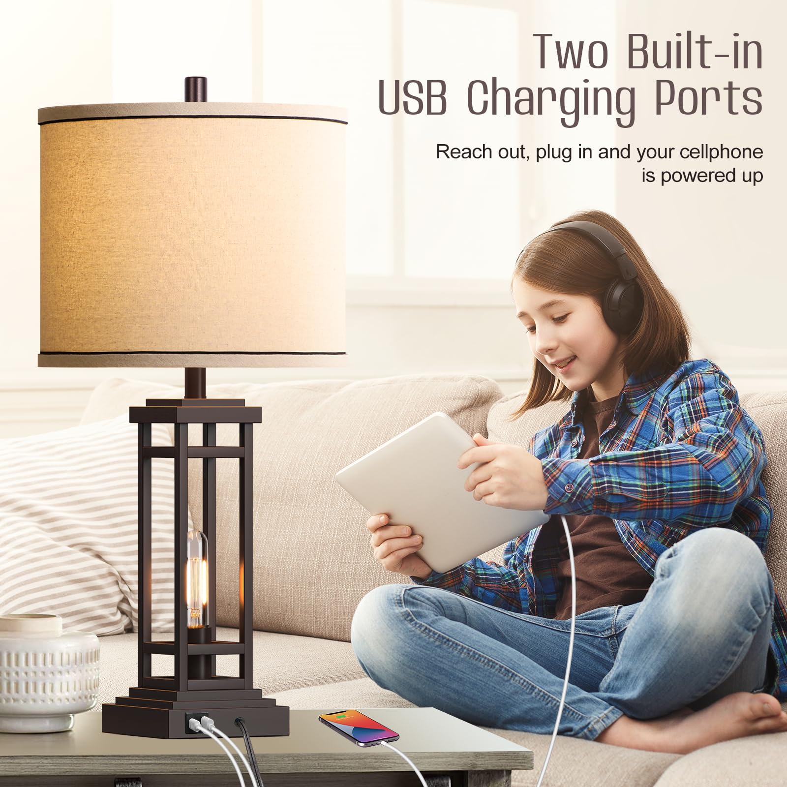 ROTTOGOON 27.5 Tall Farmhouse Table Lamps with USB C + USB A Charge Ports, Rustic Living Room Lamps Set of 2, Black Industrial End Table Lamp for Bedroom Living Room Nightstand (Bronze)