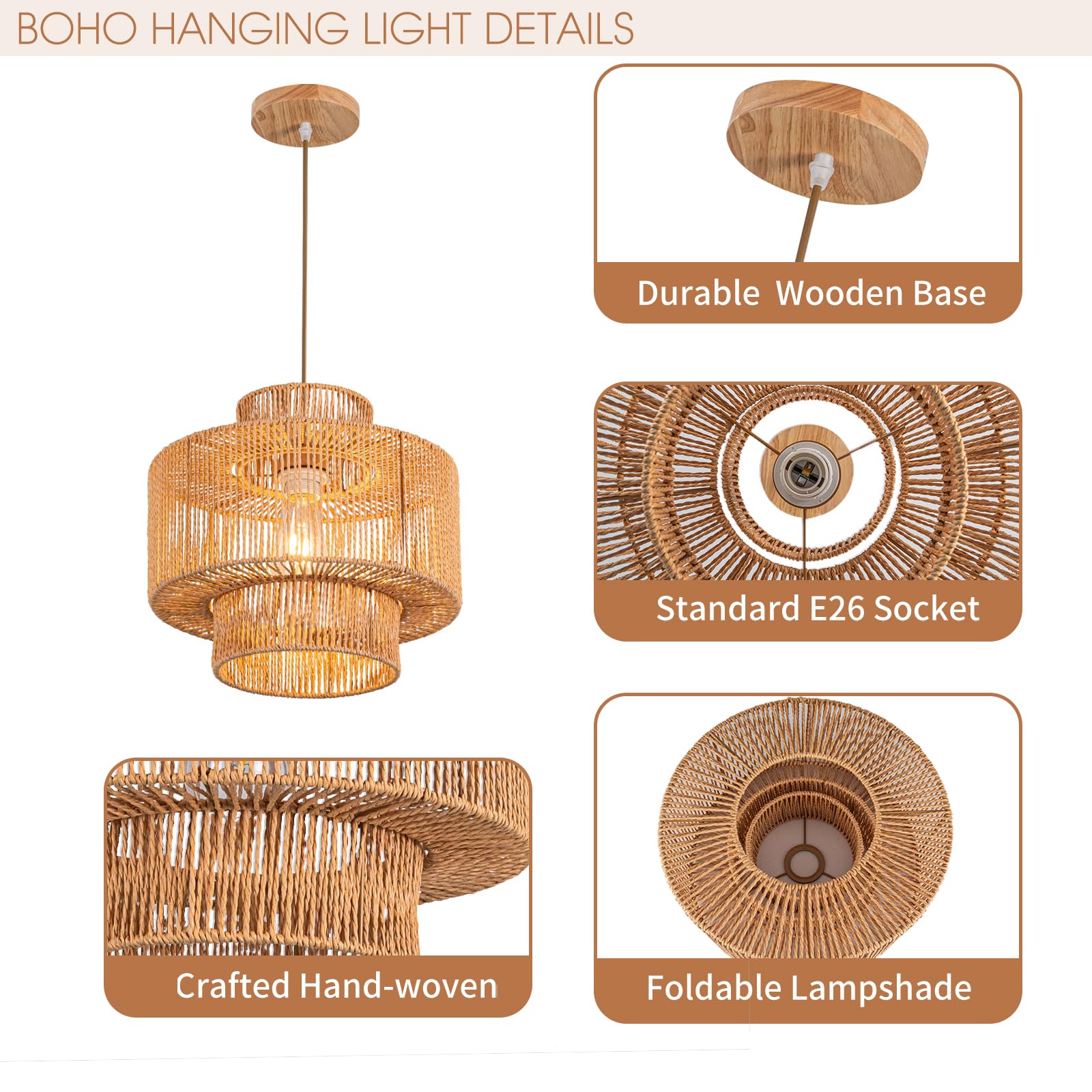 Rattan Pendant Light Fixture Basket Hanging Drum Chandelier Basket Light White Boho Ceiling Light Flush Mount Ceiling Light Woven Kitchen Chandelier for Dinning Room Hallway Bedroom Chandelier