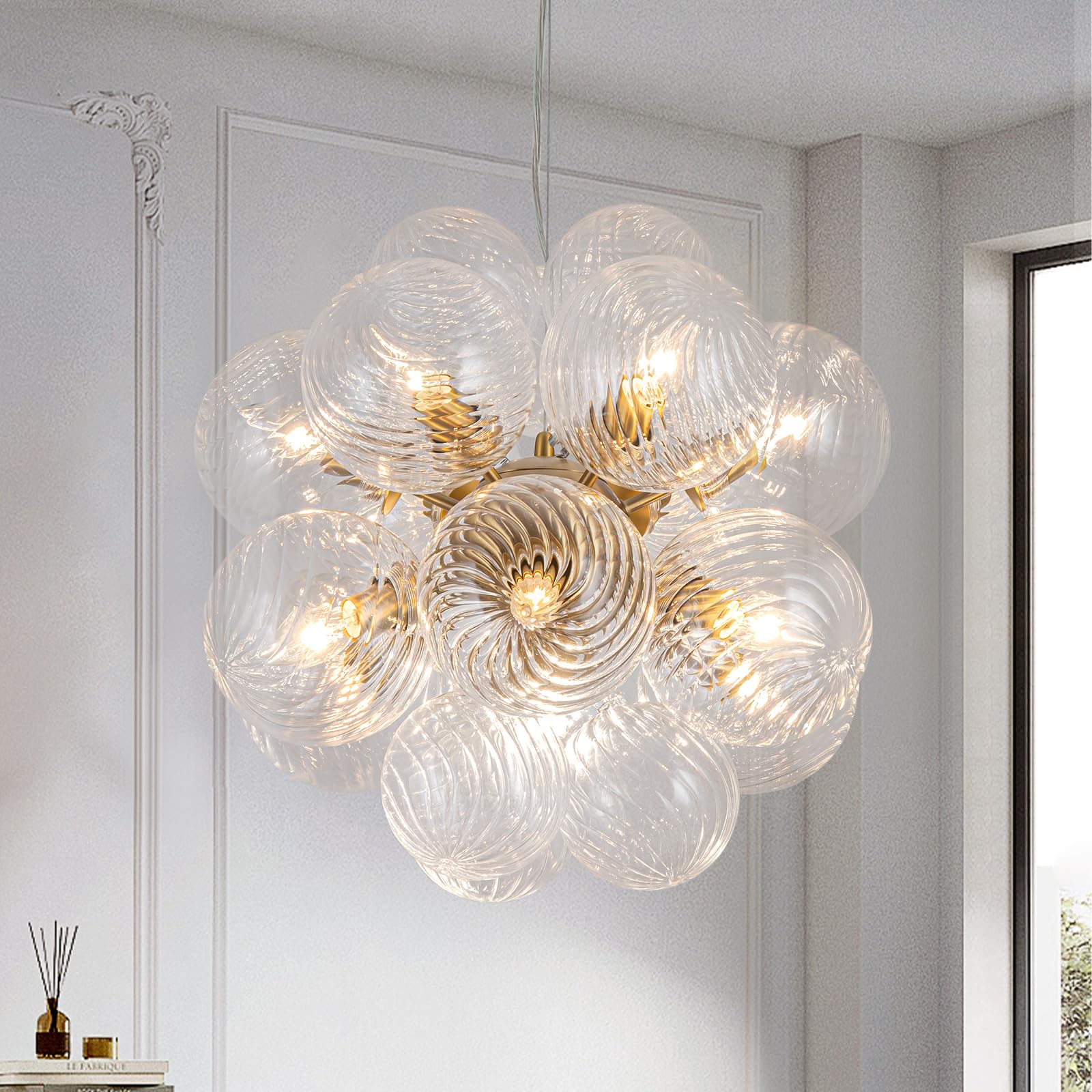 Modern Bubble Globe Chandelier, 12-Light Bubble Ball Chandelier Twisted Glass Pendant Light for Dining Room Living Room Kitchen Island Bedroom Bathroom Foyer