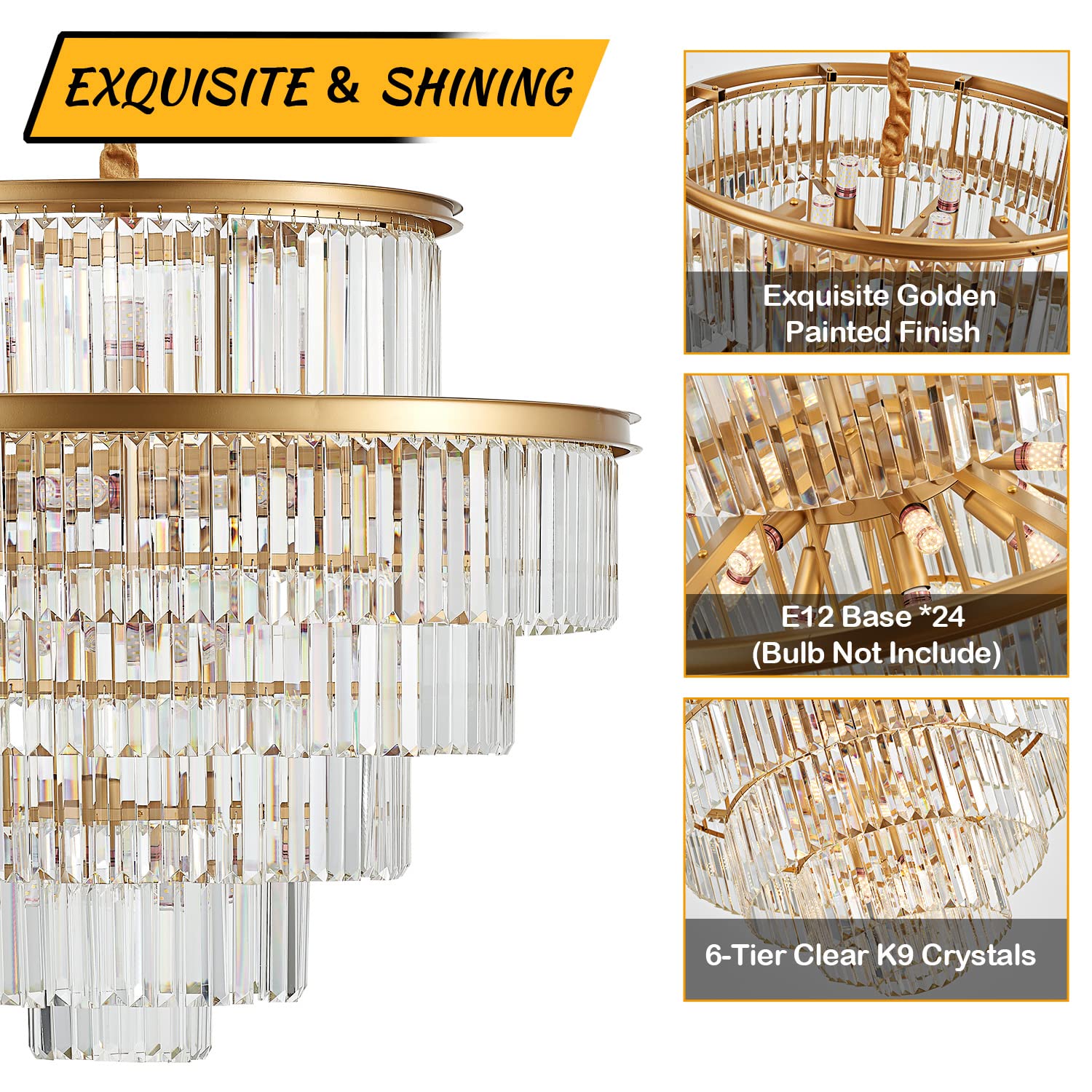 23" 8-Light Modern Crystal Chandelier Light Fixtures 2 Rings Gold Luxury Chandeliers for Dining Room Round Hanging Pendant Lighting for Living Room Kitchen Entryway Bedroom