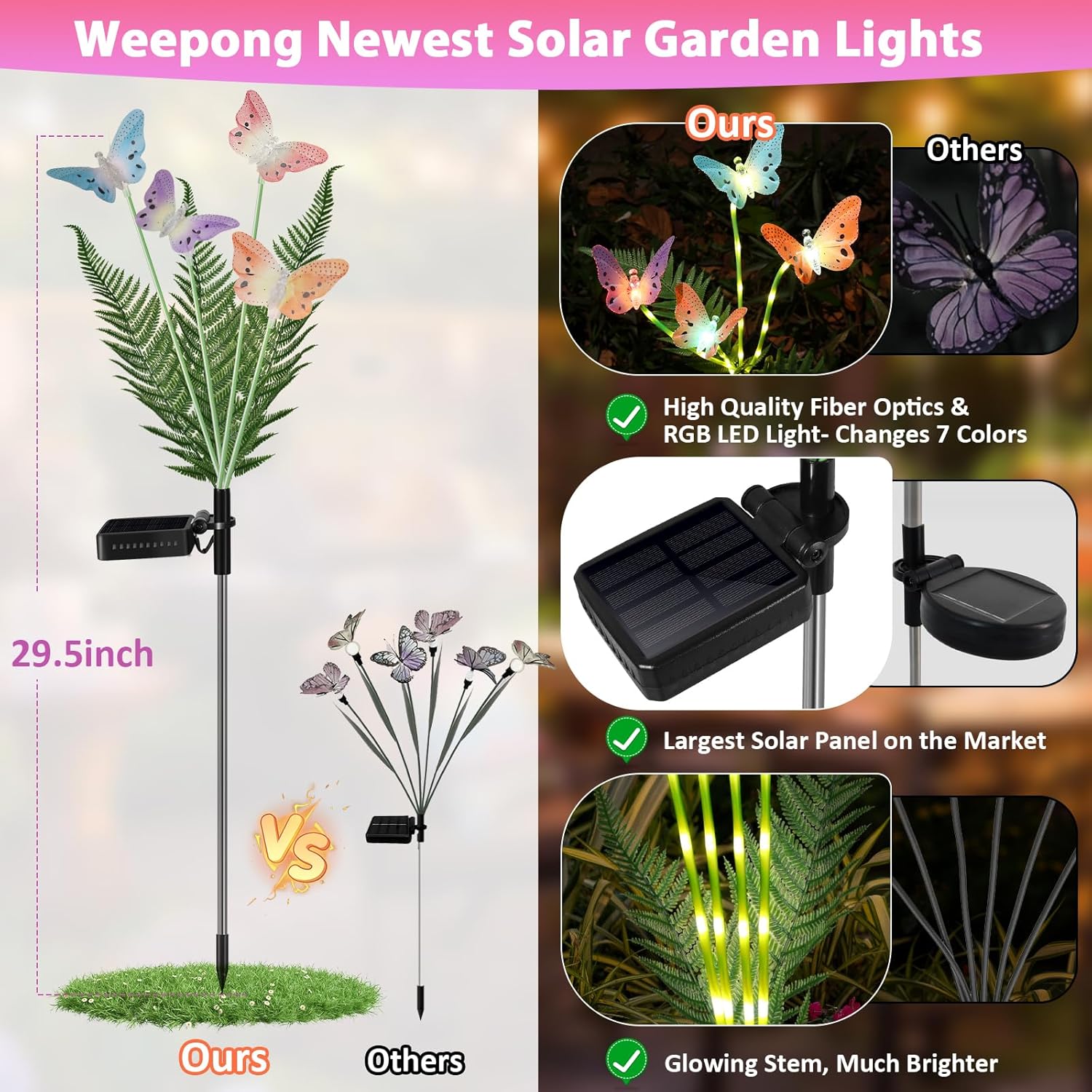 Solar Lights Outdoor Decorations Waterproof Newest Solar Garden Lights with Glowing Stems, 7-Color Changing Butterfly Solar Lights for Outside Yard Pathway Garden Decor, Gift for Mother,2Pack