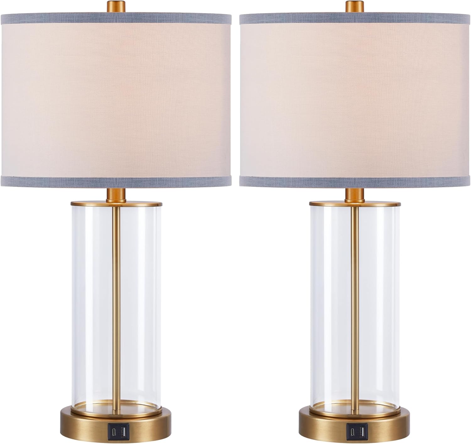 23.5'' Glass Table Lamp Set of 2 for Bedroom Antique Brass Finish,3-Way Touch Control Gold Glass Lamps with USB Ports and AC Outlets(Bulbs Included)