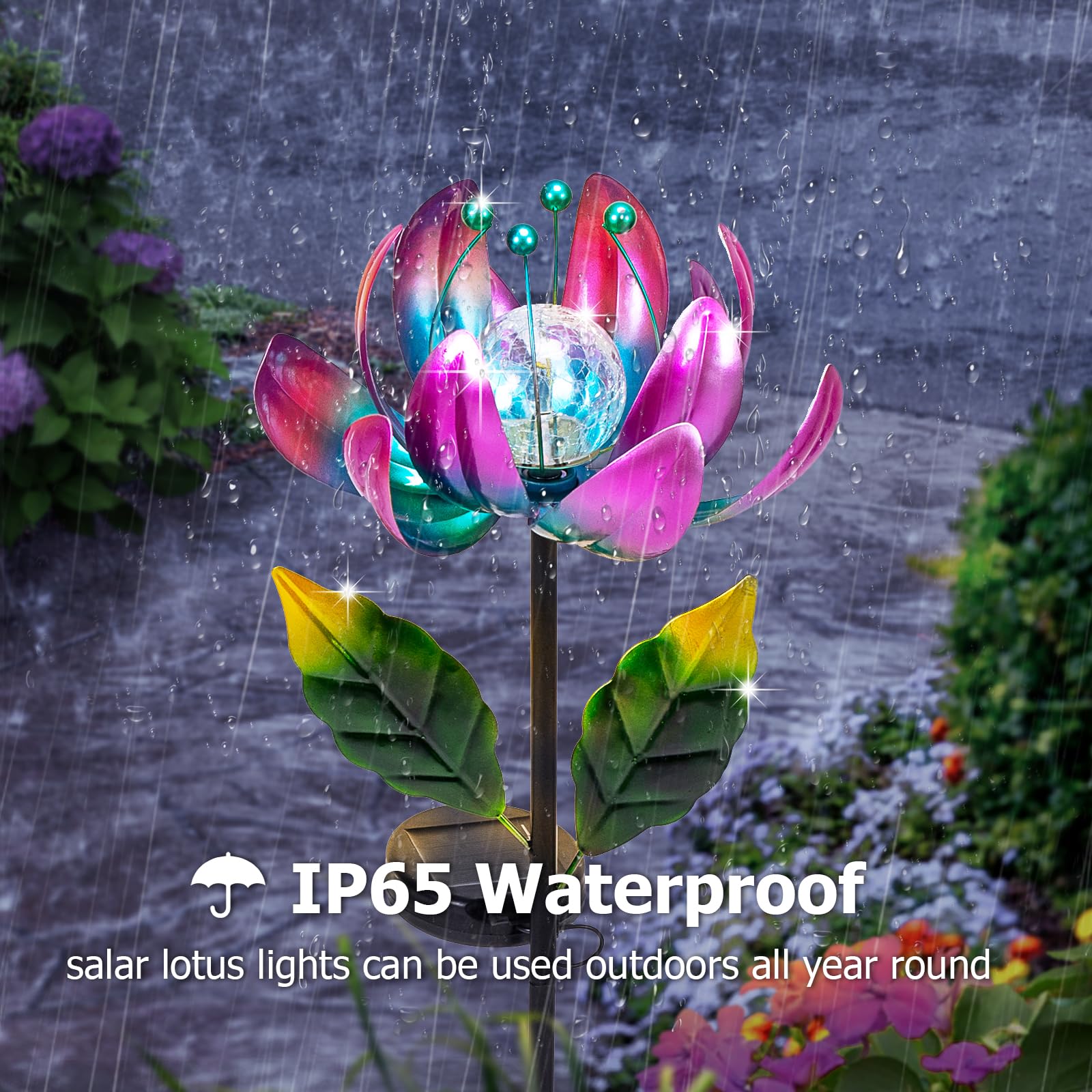 Solar Light Outdoor Waterproof Garden Light Metal Glass Decorative LED Lotus Flower Table Lamp