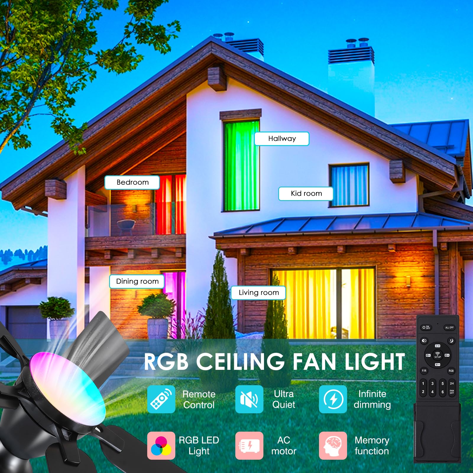 Ceiling Fans with Lights- 46"Low Profile Indoor Ceiling Fan with Light and Remote/APP Control, Flush Mount, LED Dimmable DC Reversible Modern Ceiling Fan for Bedroom（Black）