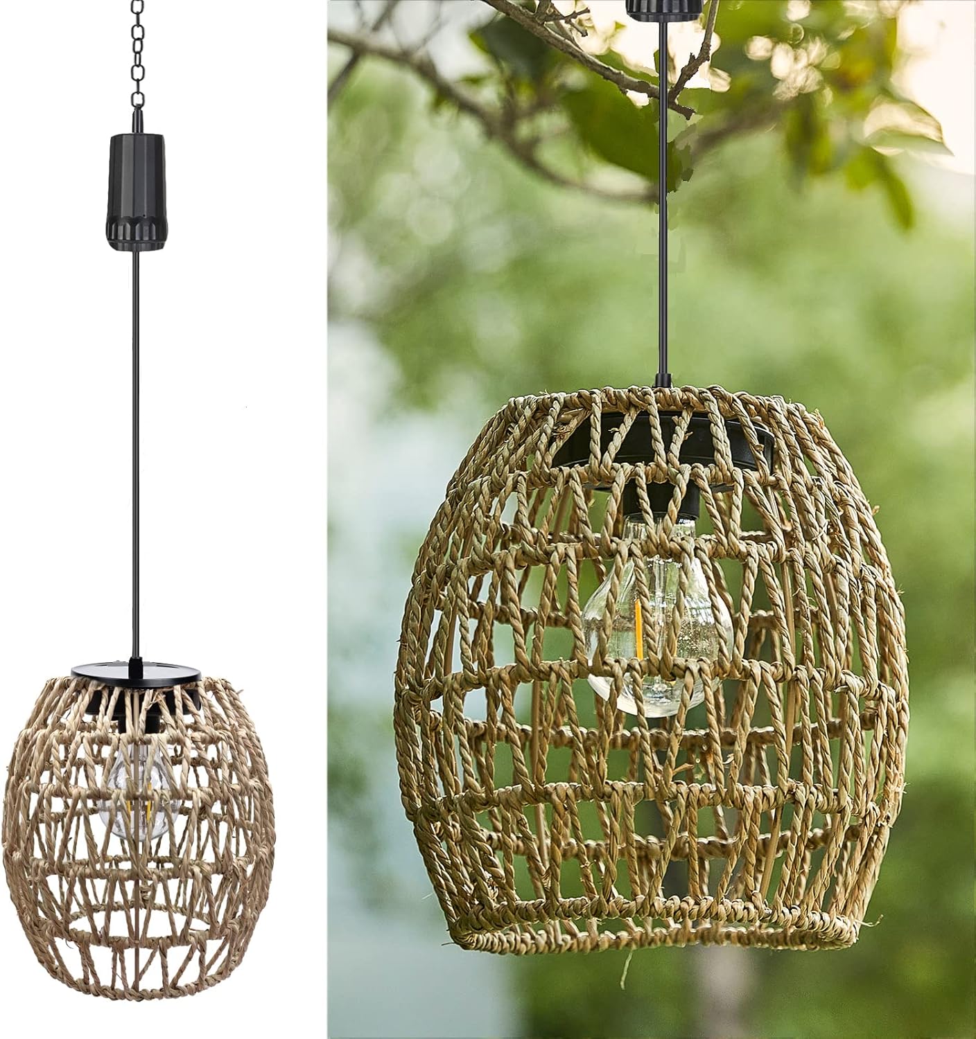 Battery Operated Outdoor Hanging Light Seagrass Woven Waterproof Porch Gazebo Patio Pendant Lantern Chandelier Lighting Decorative Hollow-Out Auto On/Off Warm White Bulb