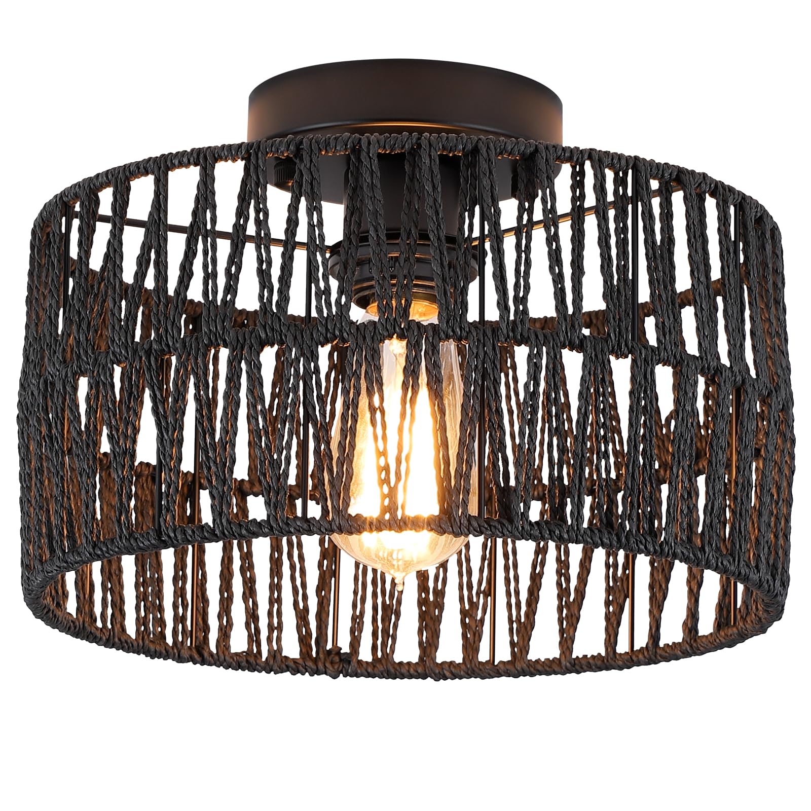 3-Light Antique Gold Woven Flush Mount Light Fixture Rustic Coastal Hemp Rope Brass Semi Flush Mount Ceiling Light for Hallway Bedroom Kitchen Entryway Farmhouse Living Room