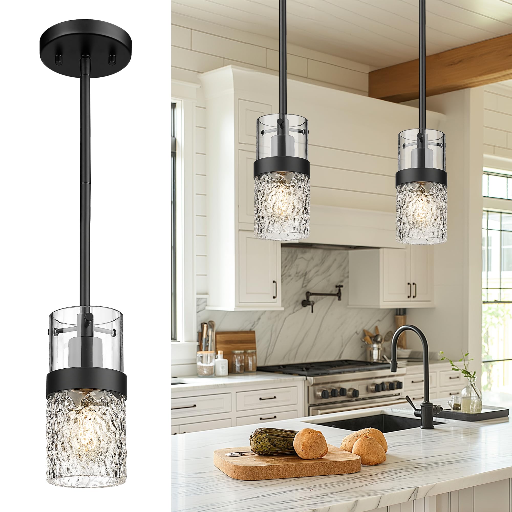 LMS 4-Light Island Lights, Farmhouse Light Fixtures with Hammered Glass Shade, Matte Black Linear Chandelier Pendant Lighting Over Table for Adjustable Height, Kitchen Island, LMS-171BK-4