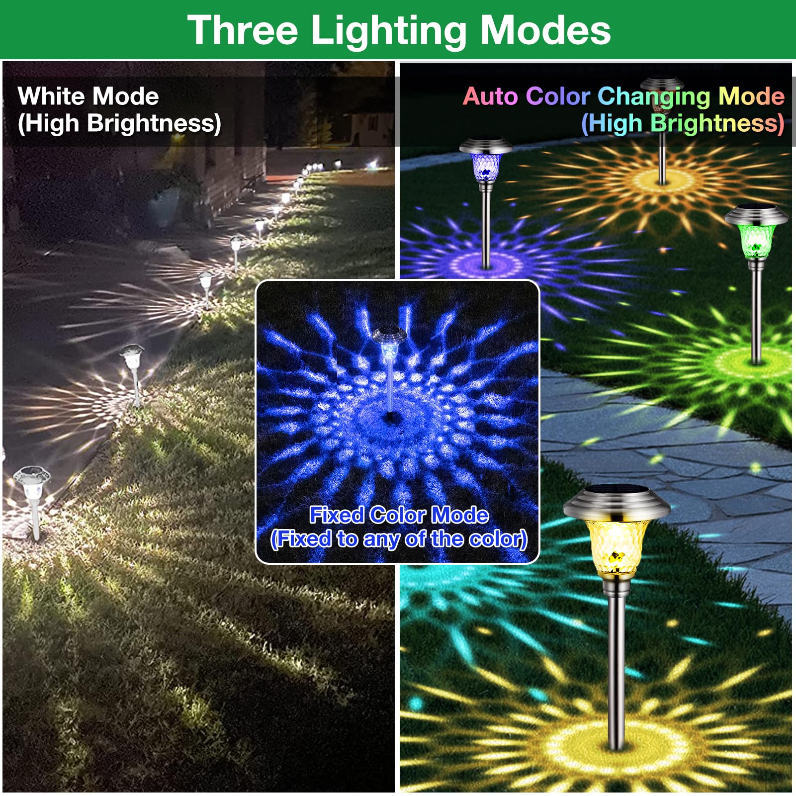 8 Pack Solar Pathway Lights Color Changing + Bright White Outdoor Garden Stake Glass LED Stainless Steel Waterproof Landscape Path Lighting for Yard Walkway Driveway Outside Black