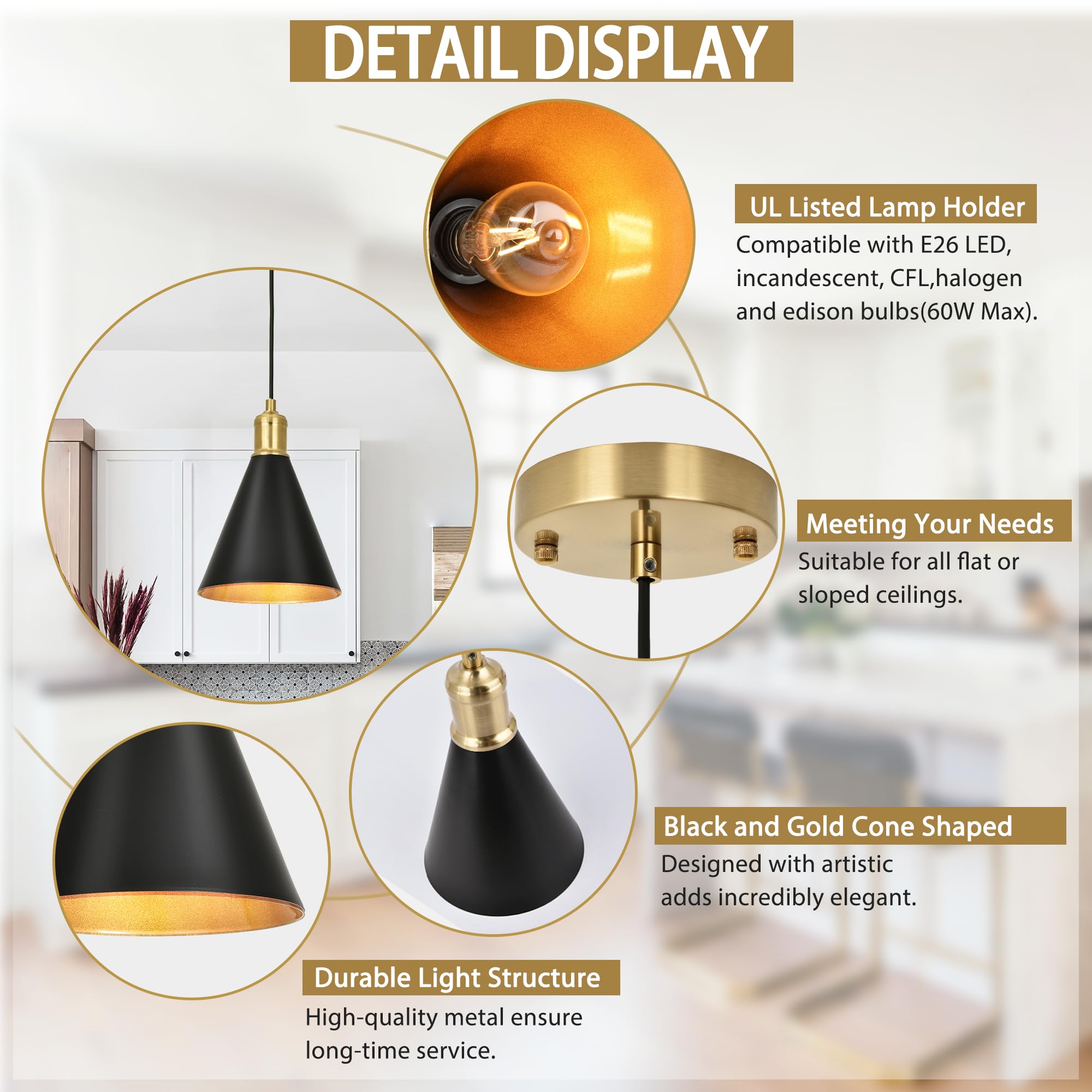 Black and Gold Pendant Light Fixtures, 2-Pack Modern Pendant Light for Kitchen Island, Small Industrial Kitchen Light Set of Two, Adjustable Hanging Ceiling Light for Dining Room Foyer Cafe