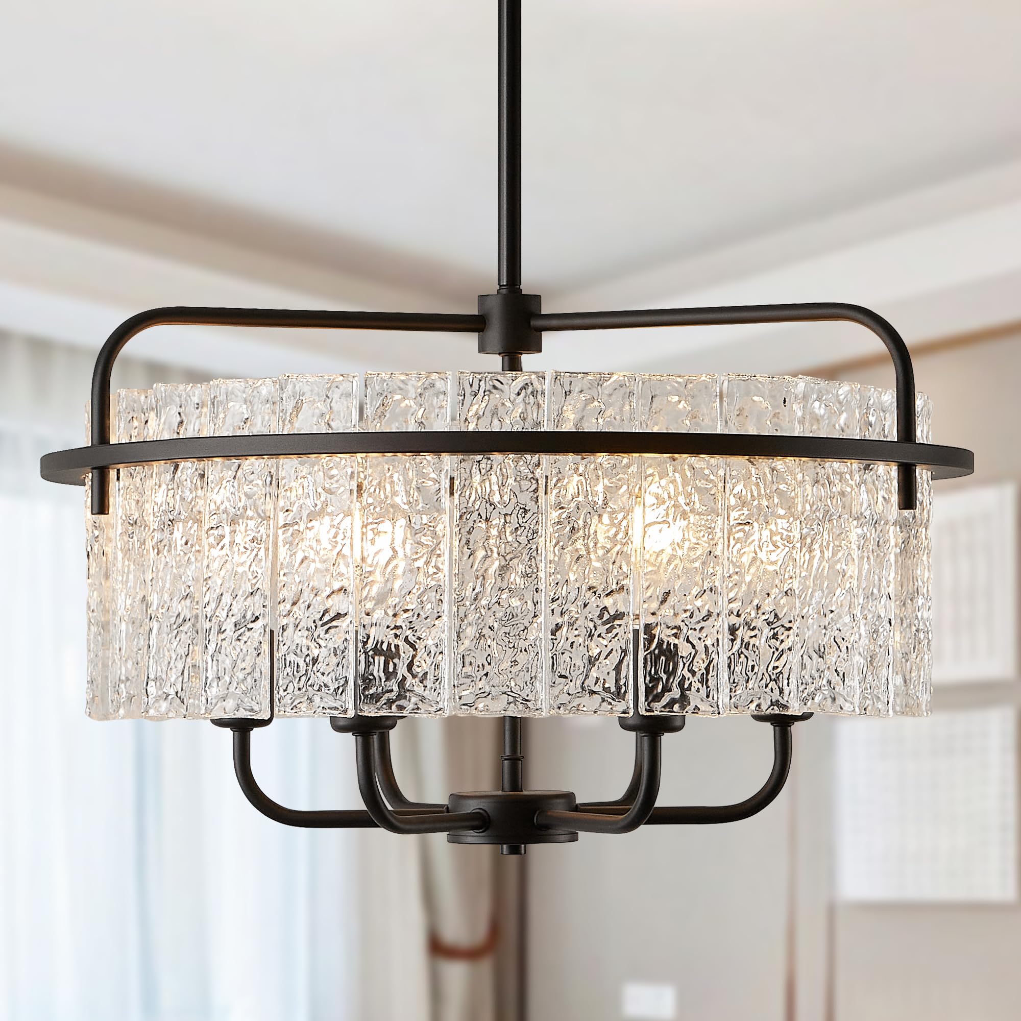 Modern Black Glass Chandeliers for Dining Room Water Ripple Glass Light Fixture 6-Light Crystal Chandeliers for Kitchen Island Living Room Bedroom