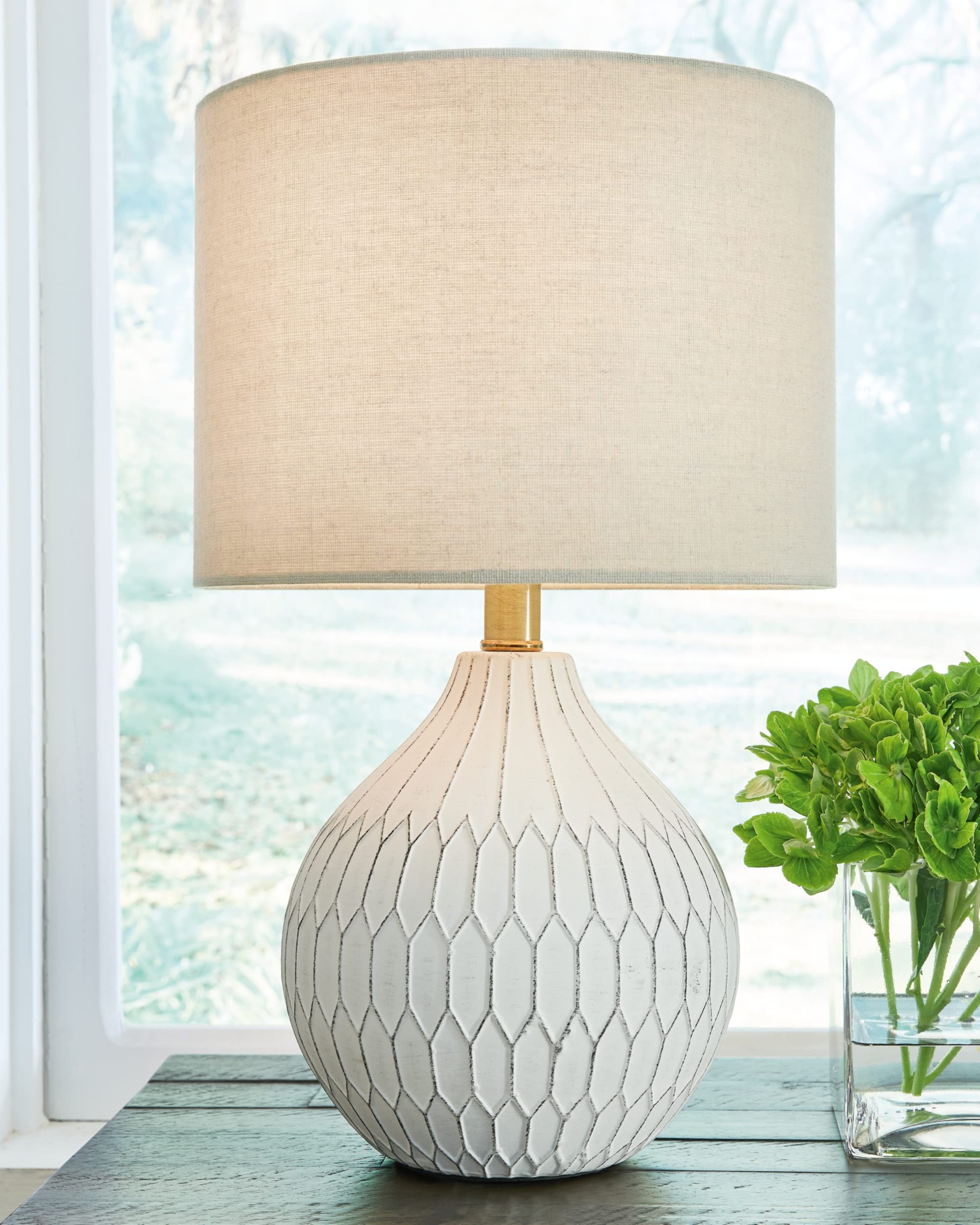 20" Modern Herringbone Ceramic Table Lamp, Off White