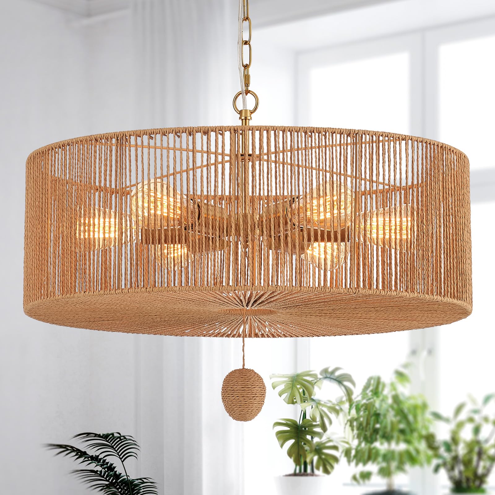 Hand-Woven Rattan Chandelier Vintage Farmhouse Boho Bamboo Chandelier Light Fixture Rustic Retro 5-Lights Drum Wicker Rattan Black Chandelier for Dining Room, Kitchen, Living Room, E12