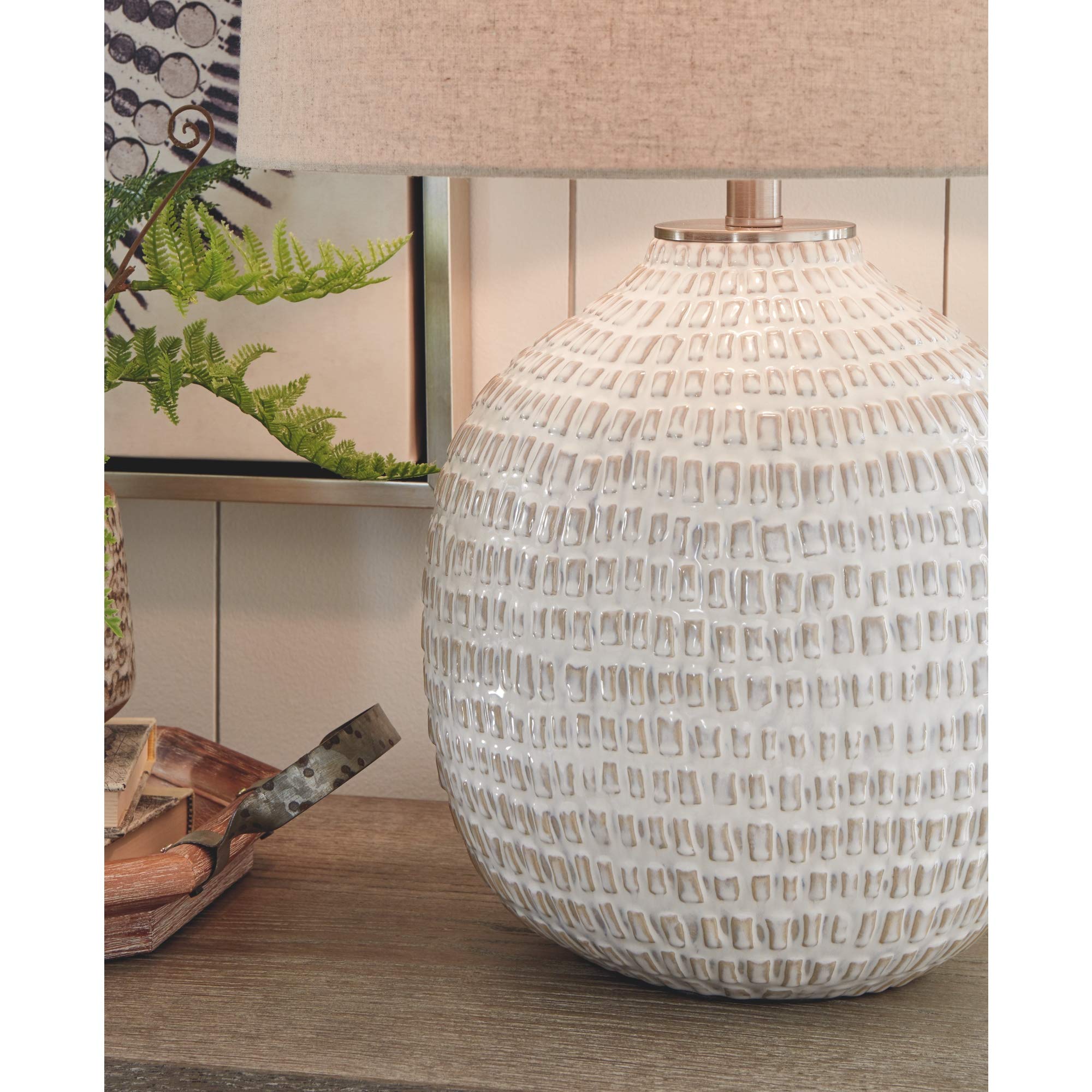 Contemporary 26" Round Textured Ceramic Table Lamp, Beige