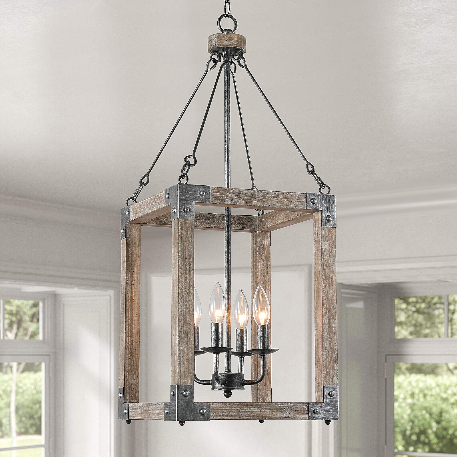 Farmhouse Chandelier,Wood Pendant Light,4-Light Wooden Ktchen Pendant Lighting Over Island,Foyer,Entryway,Hallway,Bedroom,Living Room,Kitchen