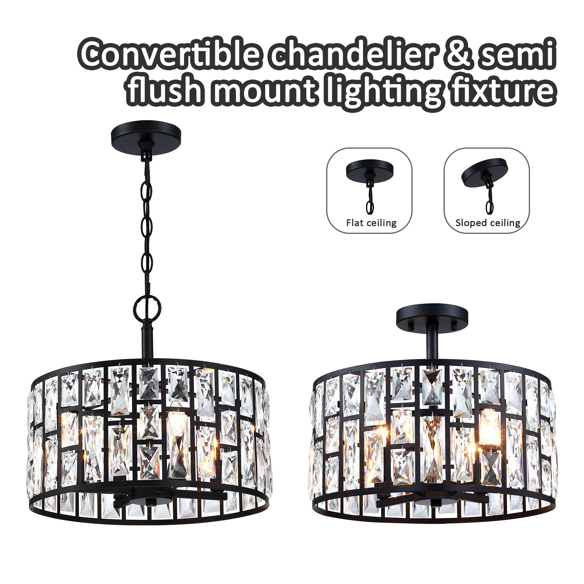 MEXO Farmhouse Crystal Round Semi Flush Mount Close to Ceiling Light Fixture, Drum Shade 3LT Ceiling Lamp for Kitchen Island Dinning Room Bedroom, Hallway Black Finish