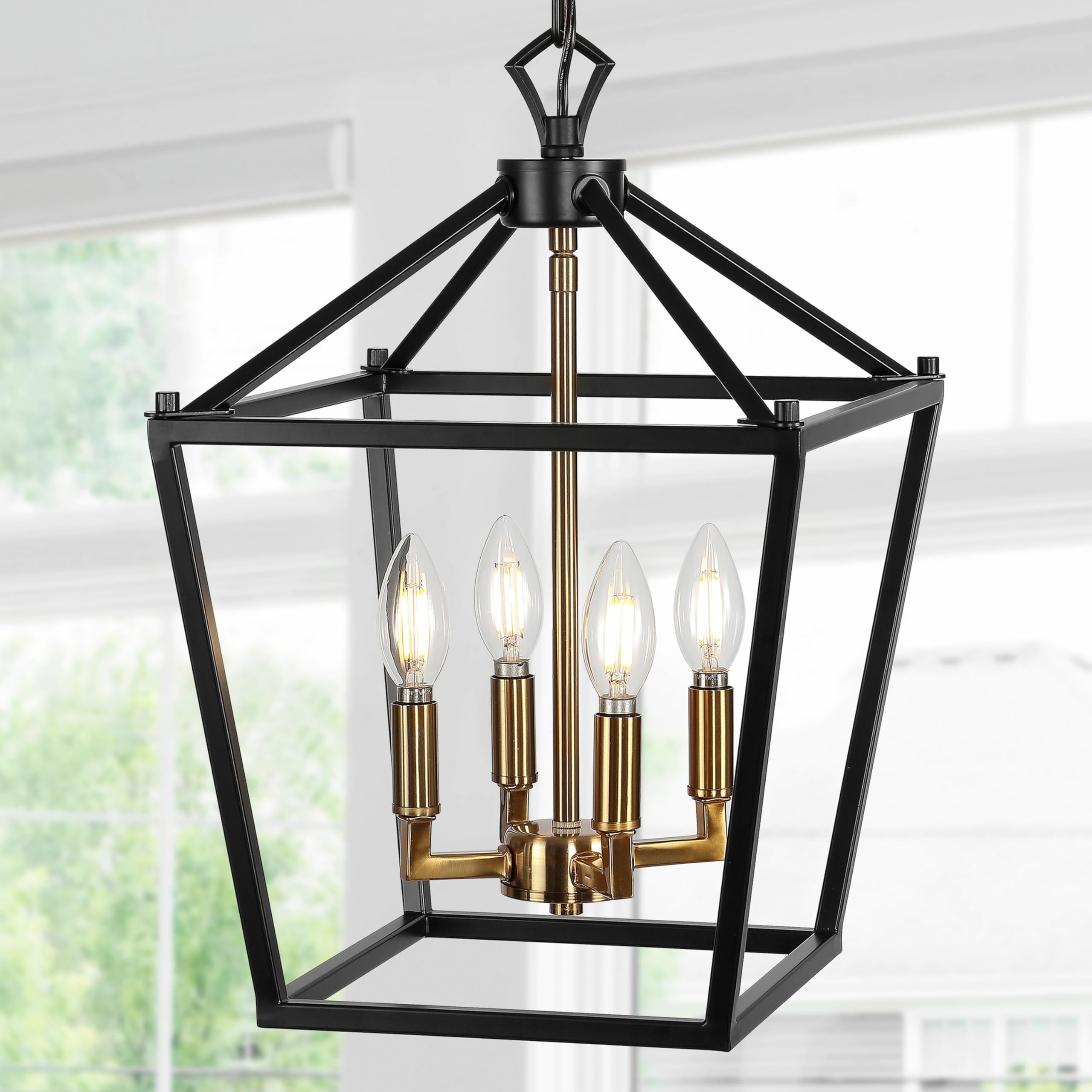 Lantern Dimmable Adjustable Metal LED Pendant Classic Traditional Farmhouse Dining Room Living Room Kitchen Foyer Bedroom Hallway, 10 in, Antique Gold