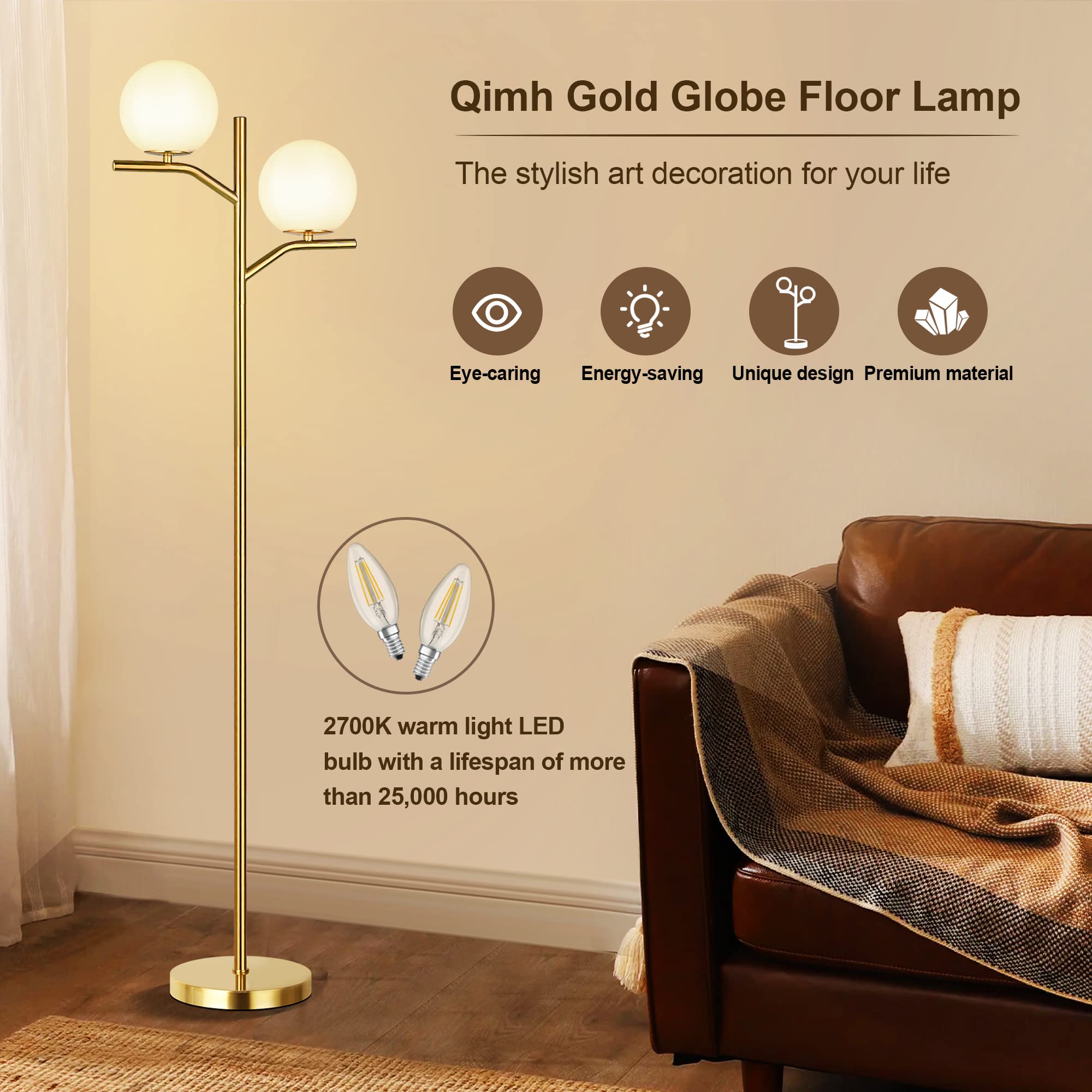 Modern Floor Lamp for Living Room, Gold Standing Lamp for Bedroom with Globe Glass Shade, 68" Mid-Century Tall Pole Tree Lamps Light Home Decor, Antique Brass(LED Bulbs Included)