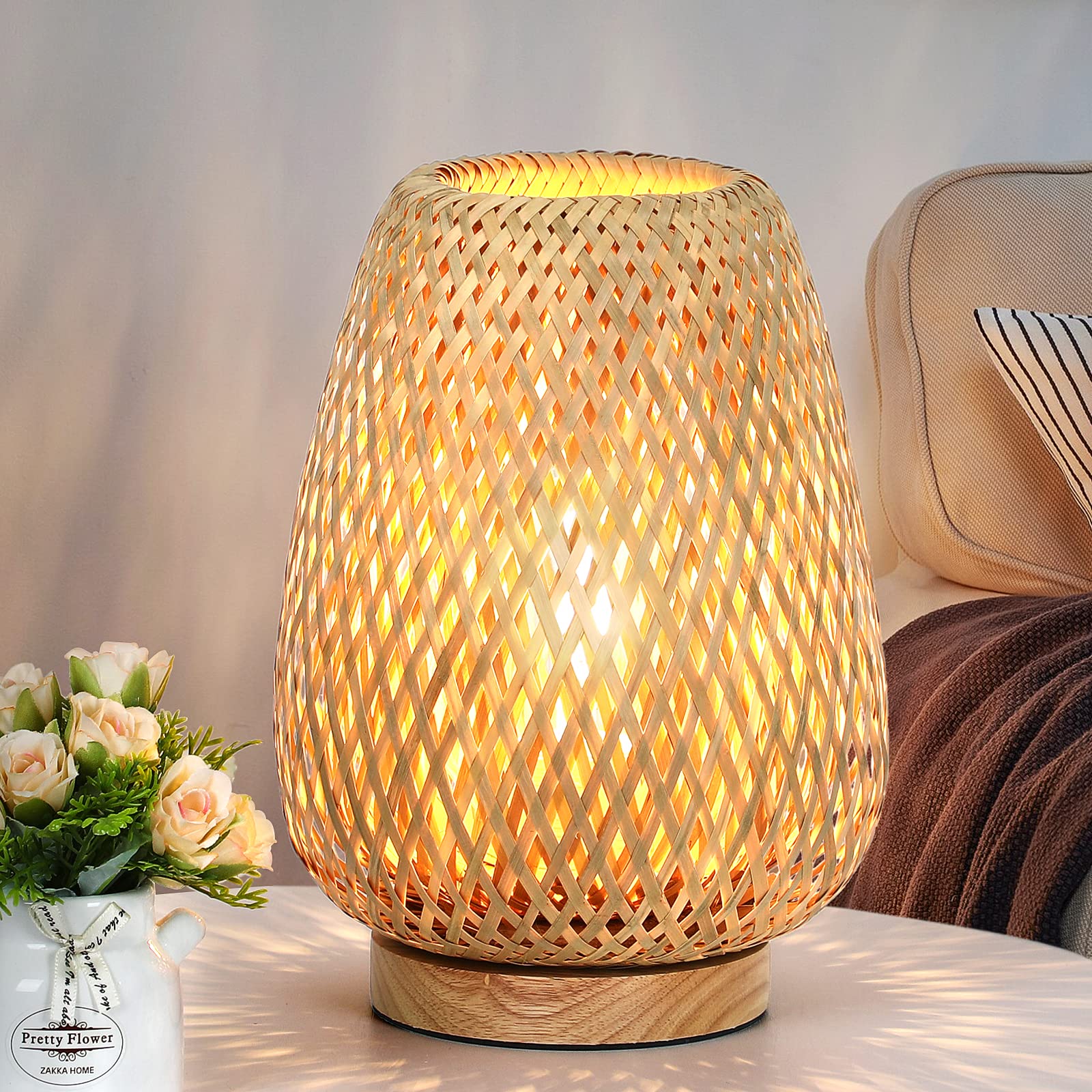 Rattan Table Lamp, Stepless Dimmable Small Beside Lamp, Vintage Wicker Wooden Nightstand Lamp, Boho Bamboo Woven End Table Lamp for Bedroom Living Room Desk Kids Room, 2700K T45 LED Bulb Included