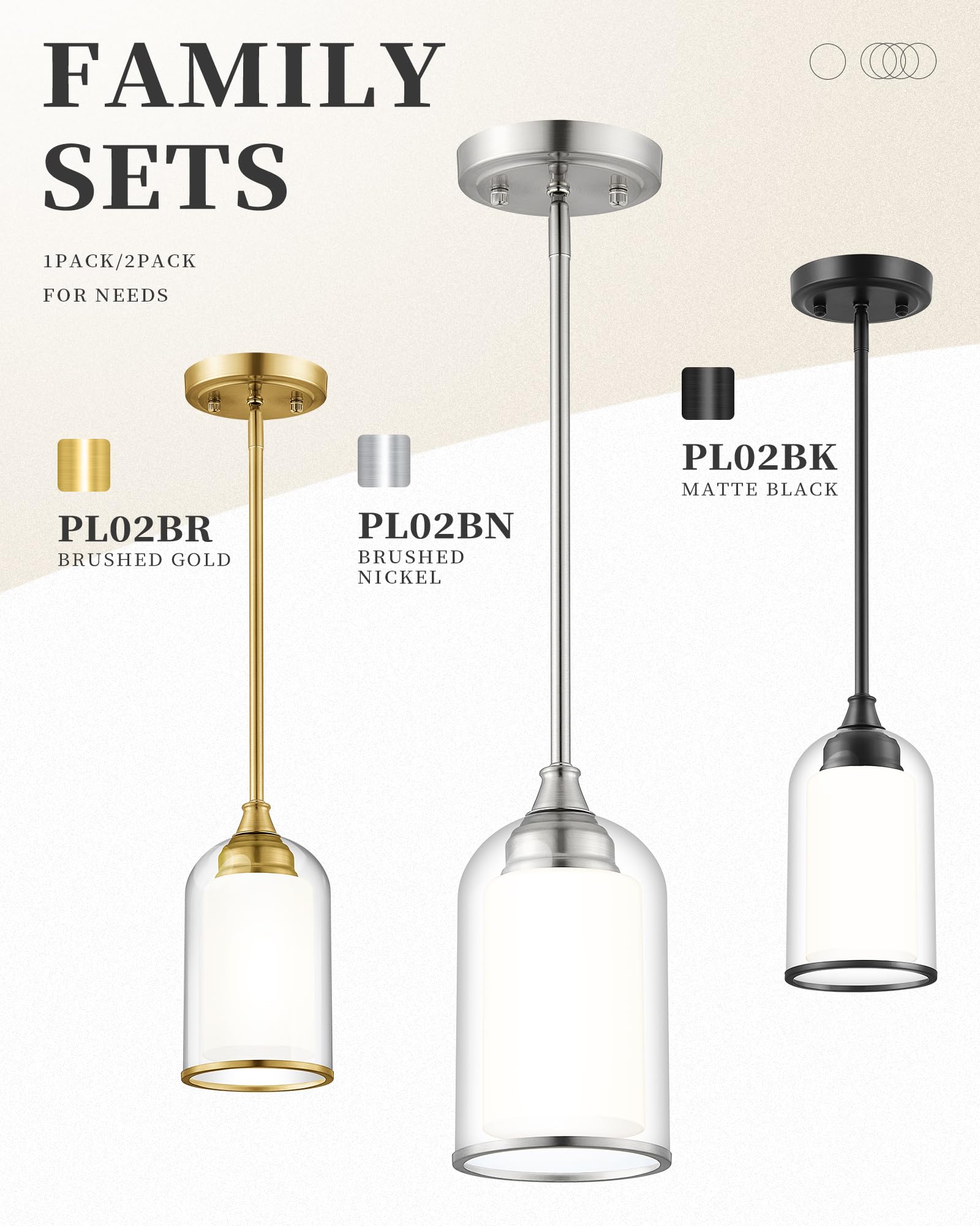 2 Pack Pendant Lights, Vintage Dual Glass Hanging Lamp, Brushed Gold Pendant Lights Kitchen Island with Clear and Milk Glass, Pendant Lighting for Dining Room PL02BR-2PK