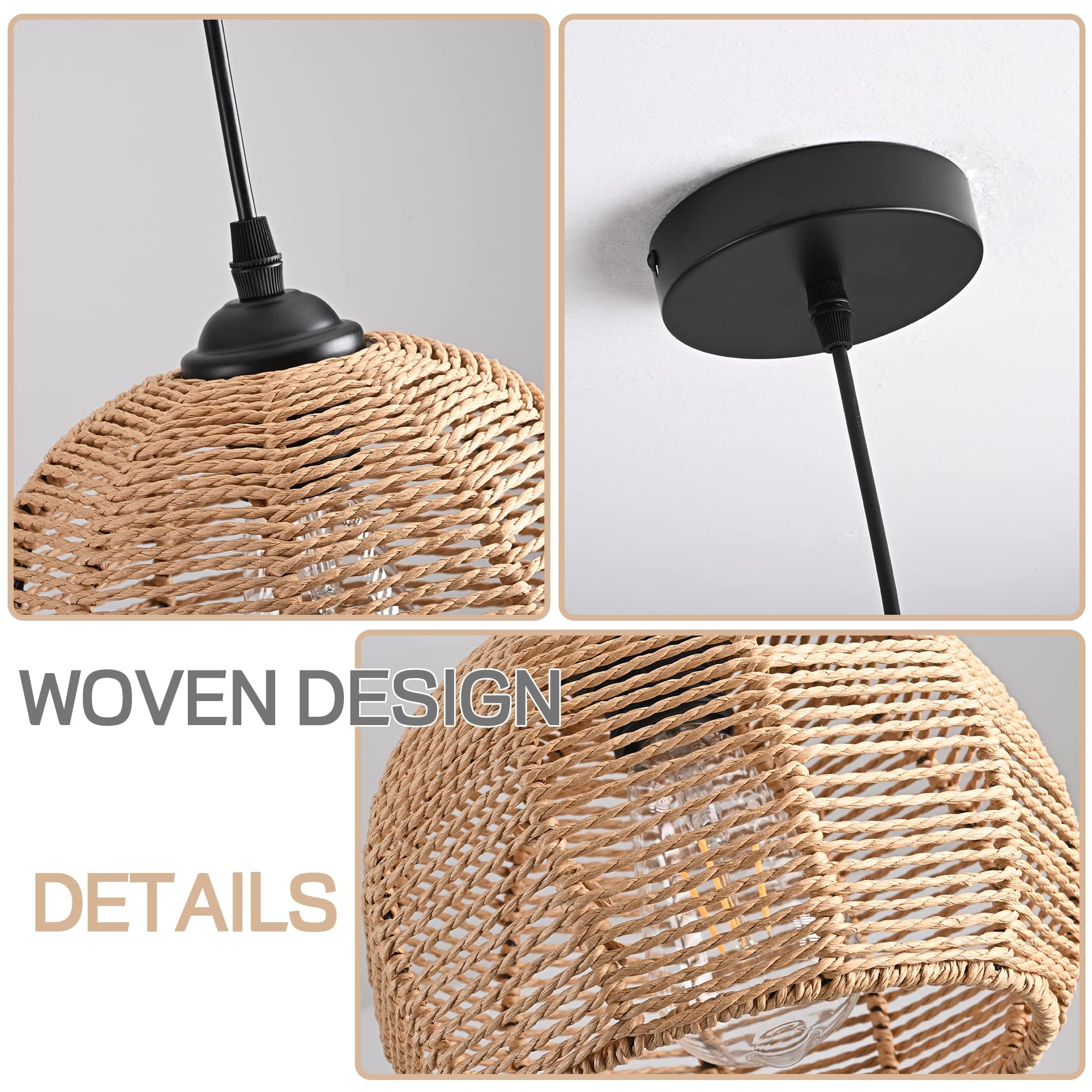 Mini Hemp Rope Woven Pendant Light Woven Light Fixture Boho Chandelier Light Fixture Wicker Pendant Light Rattan Light Pendant Dome Wicker Chandelier for Bedroom Kitchen Island(Bulb Incl.)