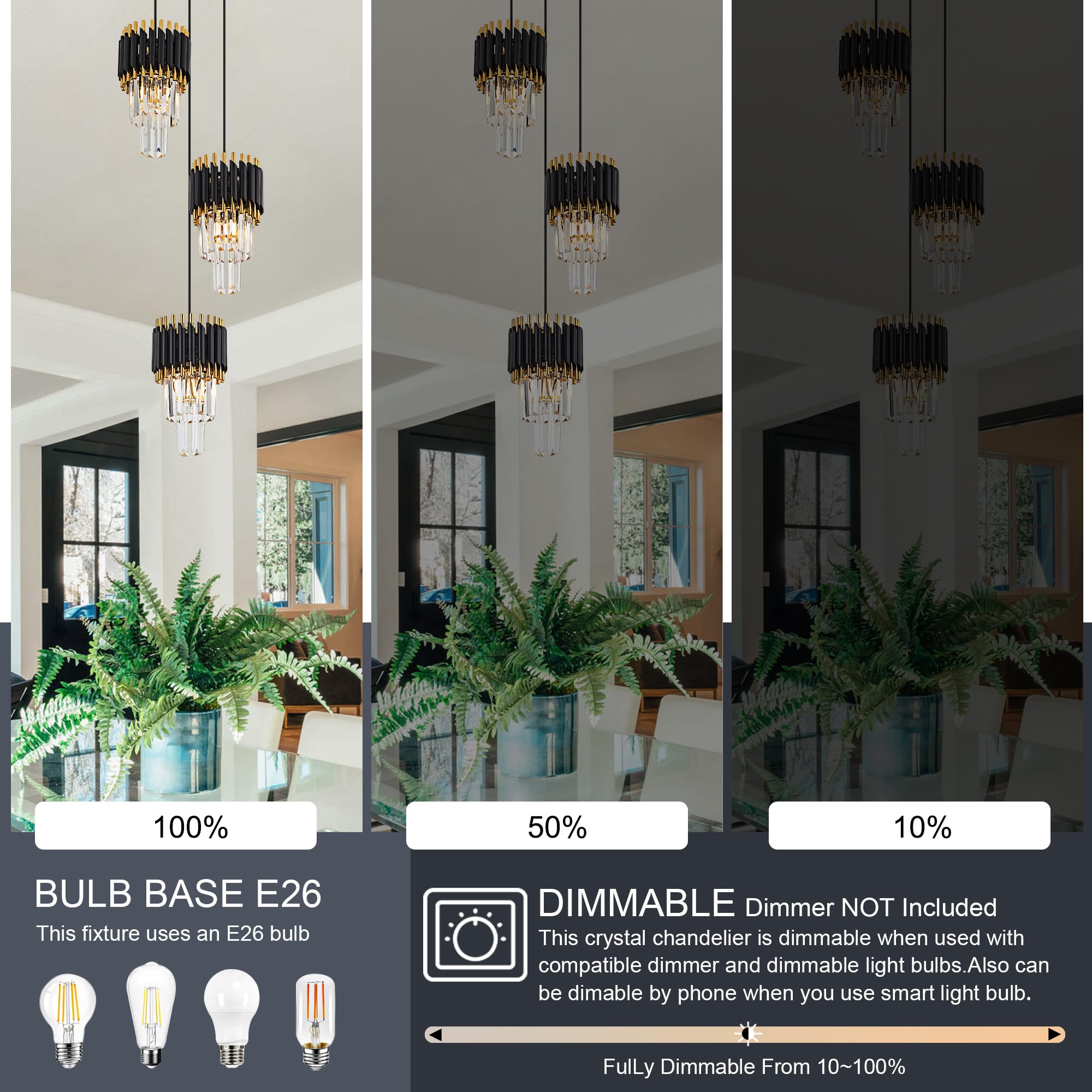 Gold Crystal Pendant Light Mini Modern Luxury Crystal Pendant Light Perfect for Dining Room, Bedroom, Kitchen, Living Room 3-Pack