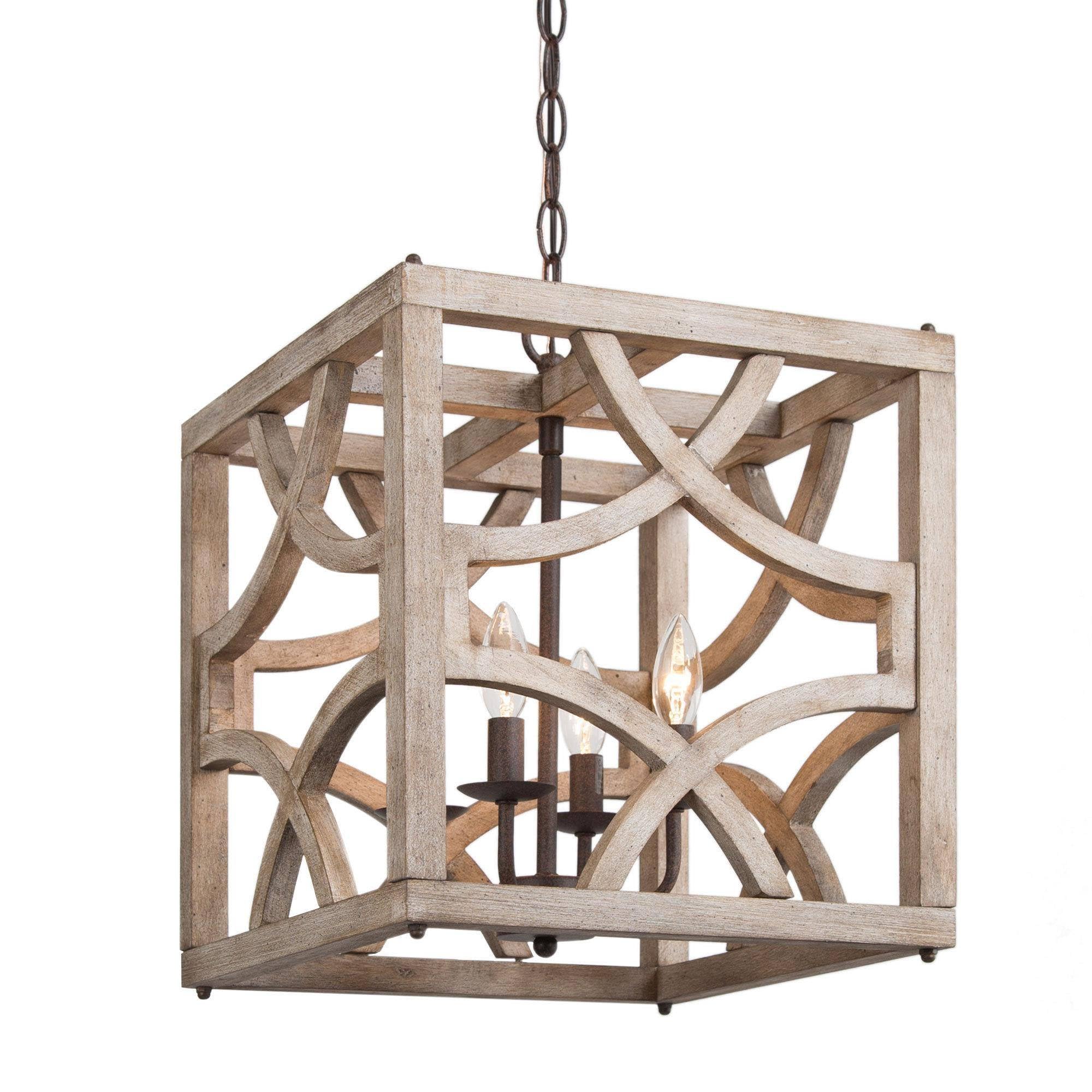 Farmhouse Chandelier, 4-Light Rustic Wood Cage Dining Room Chandelier Over Table, Wooden Square Chandeliers Hanging Light Fixture for Bedrooms, Kitchen Island, Entryway, Foyer