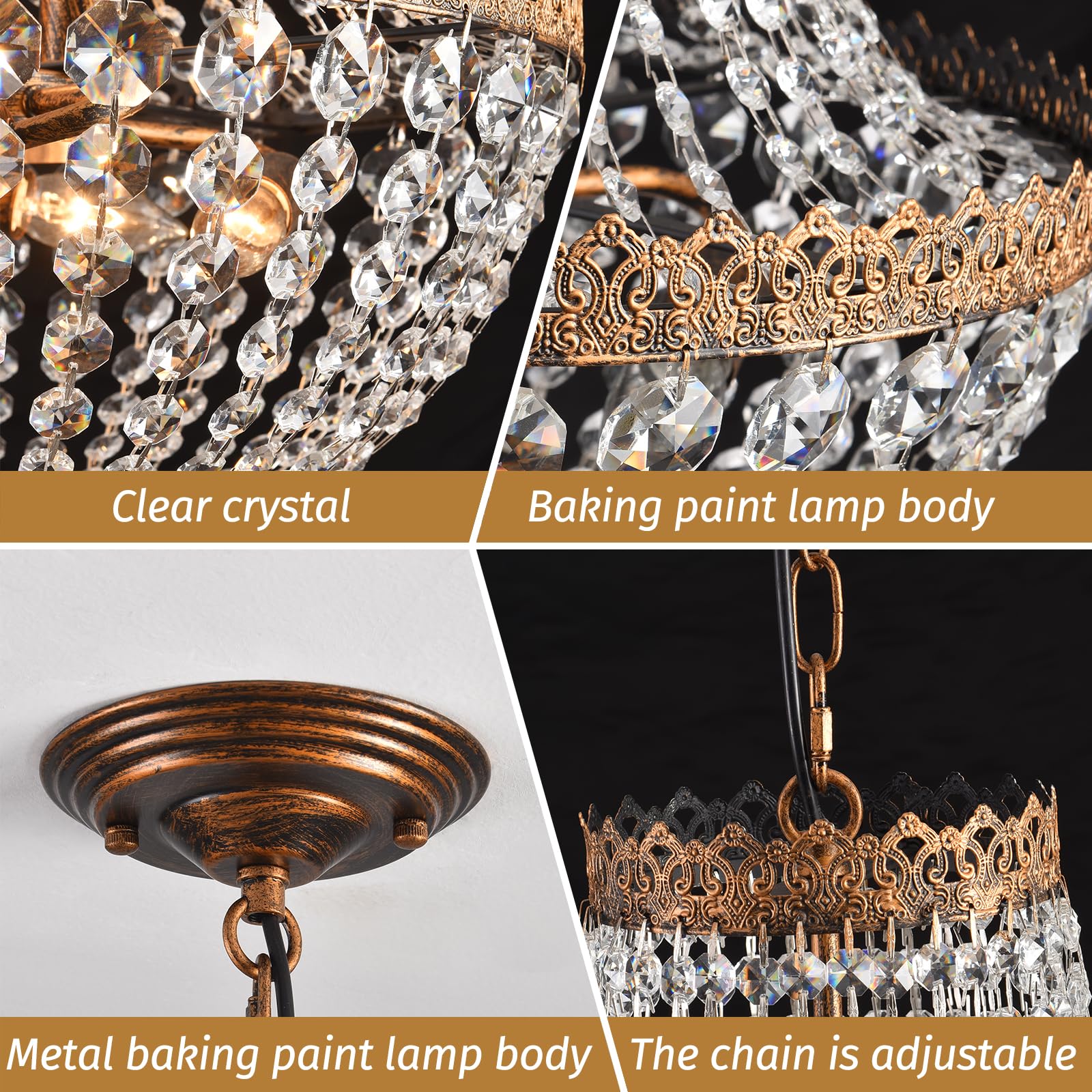 4 Lights French Empire Mini Crystal Chandelier Farmhouse Pendant Lighting, Bronze Finish Ceiling Light Fixture for Dining Room Bedroom Foyer Living Room, W12.6 x H19.7