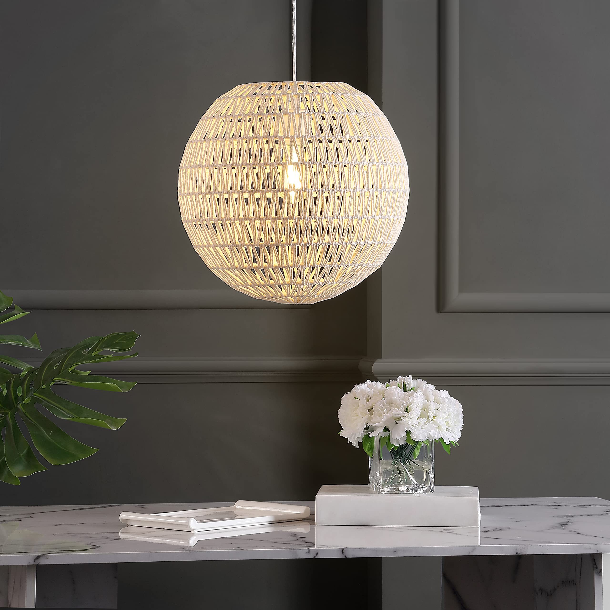 15.7" Woven Rattan Orb LED Pendant Minimalist Modern Contemporary Transitional Bohemian Modern Dimmable Adjustable Dining Room Living Room Kitchen Foyer Bedroom Hallway, White