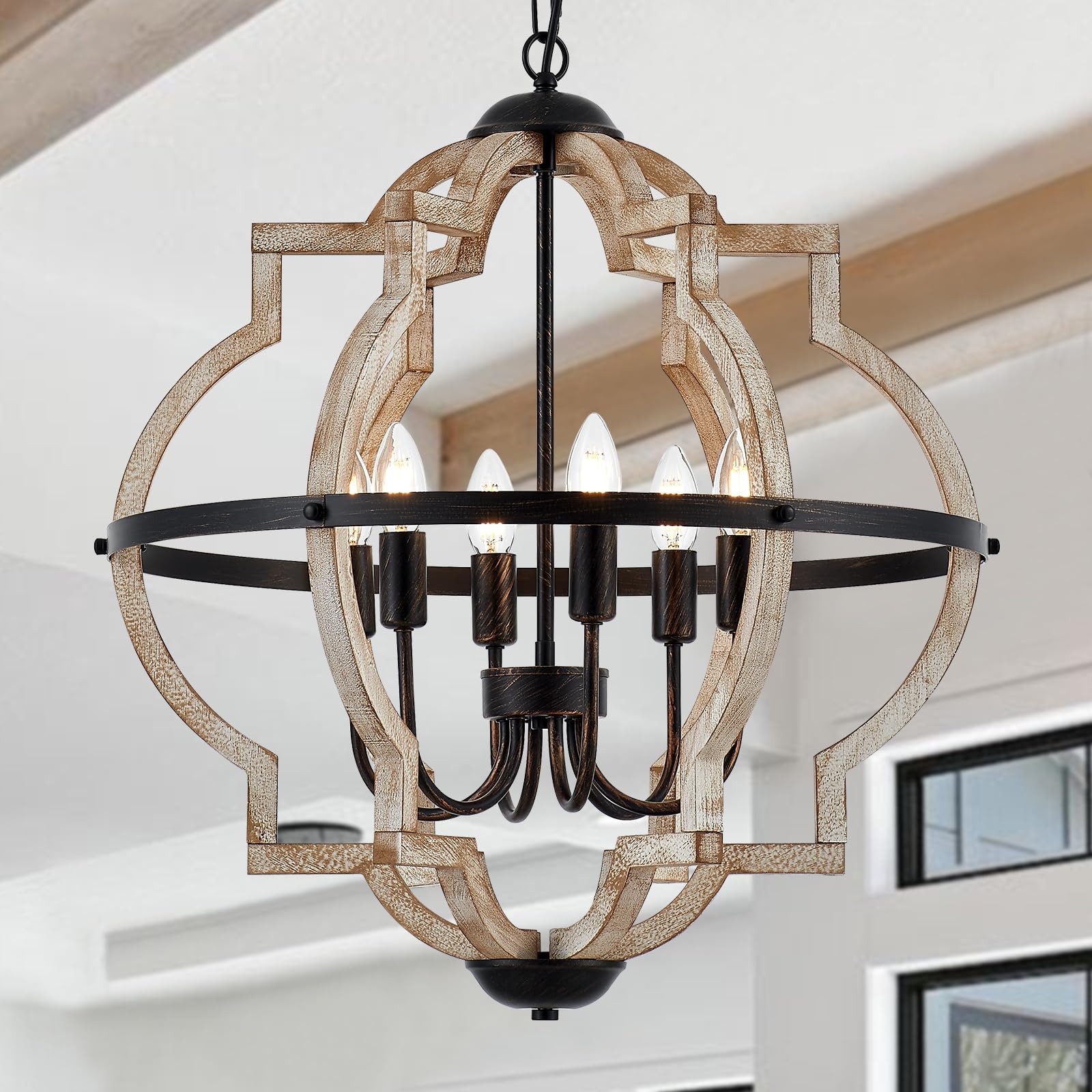 23'' 6-Light Wood Farmhouse Chandelier for Dining Room Vintage Rustic Oak Brown Pendant Light Fixtures Globe Hanging Ceiling Lighting for Hallway Entryway Foyer Kitchen Living Room Bedroom