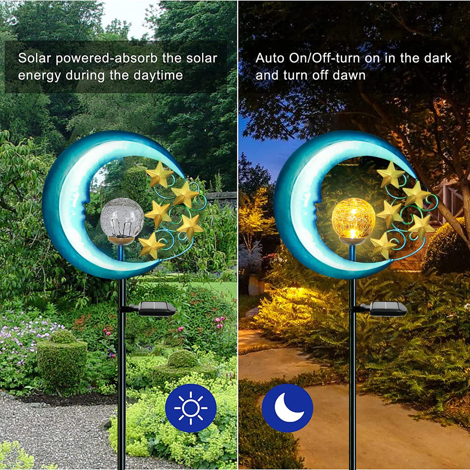 Solar Outdoor Garden Lights - Solar Powered Pathway Lights Outdoor Decorative Lights Waterproof Crackle Glass Globe Led Landscape Lighting for Pathway,Yard,Lawn,Patio Stars Moon