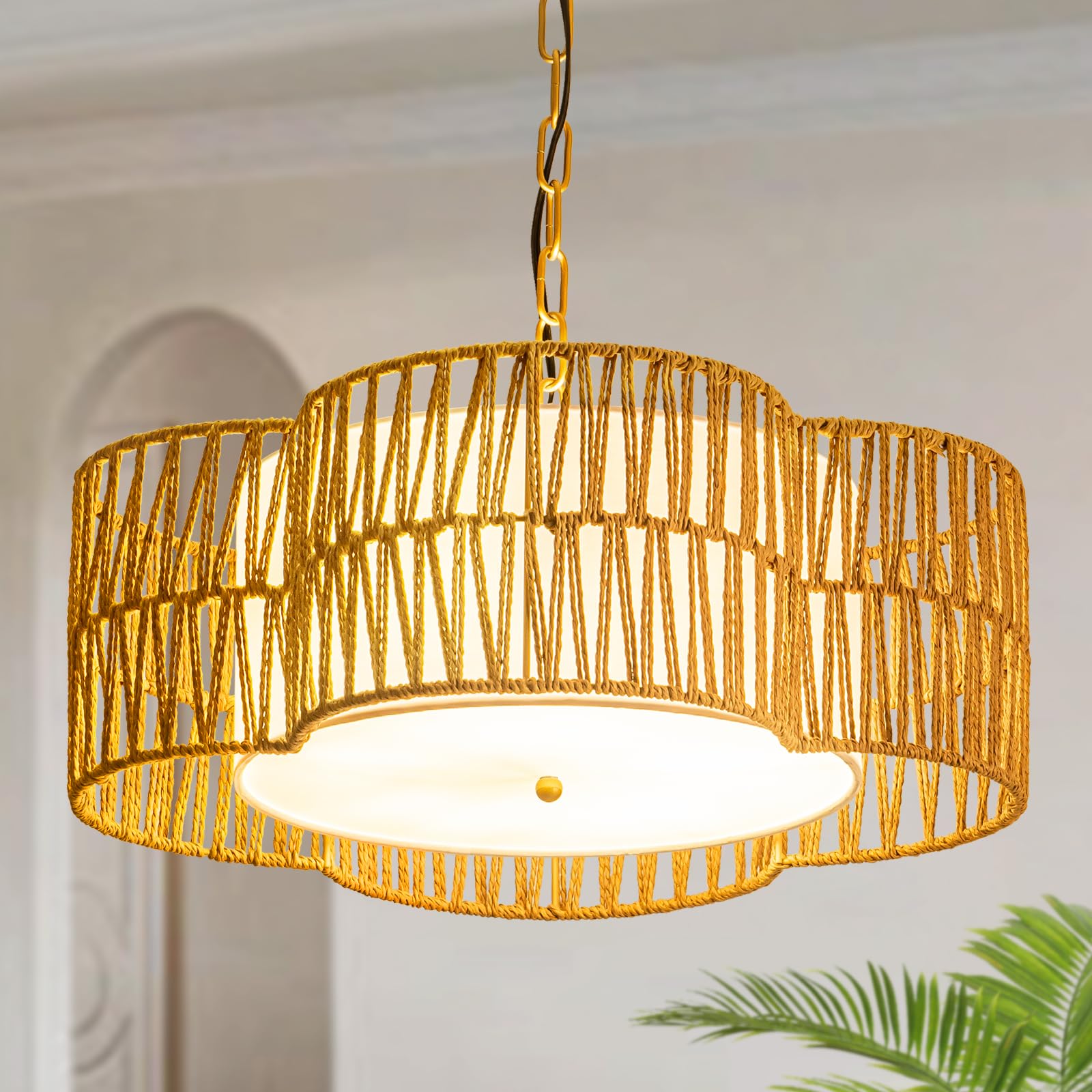 4-Light Rattan Semi Flush Mount Ceiling Light, 15" Boho Light Fixture with Hand-Woven Rattan Shade in Quatrefoil Shape, Farmhouse Boho Chandelier Wicker Light Fixture for Kitchen Bedroom Foyer