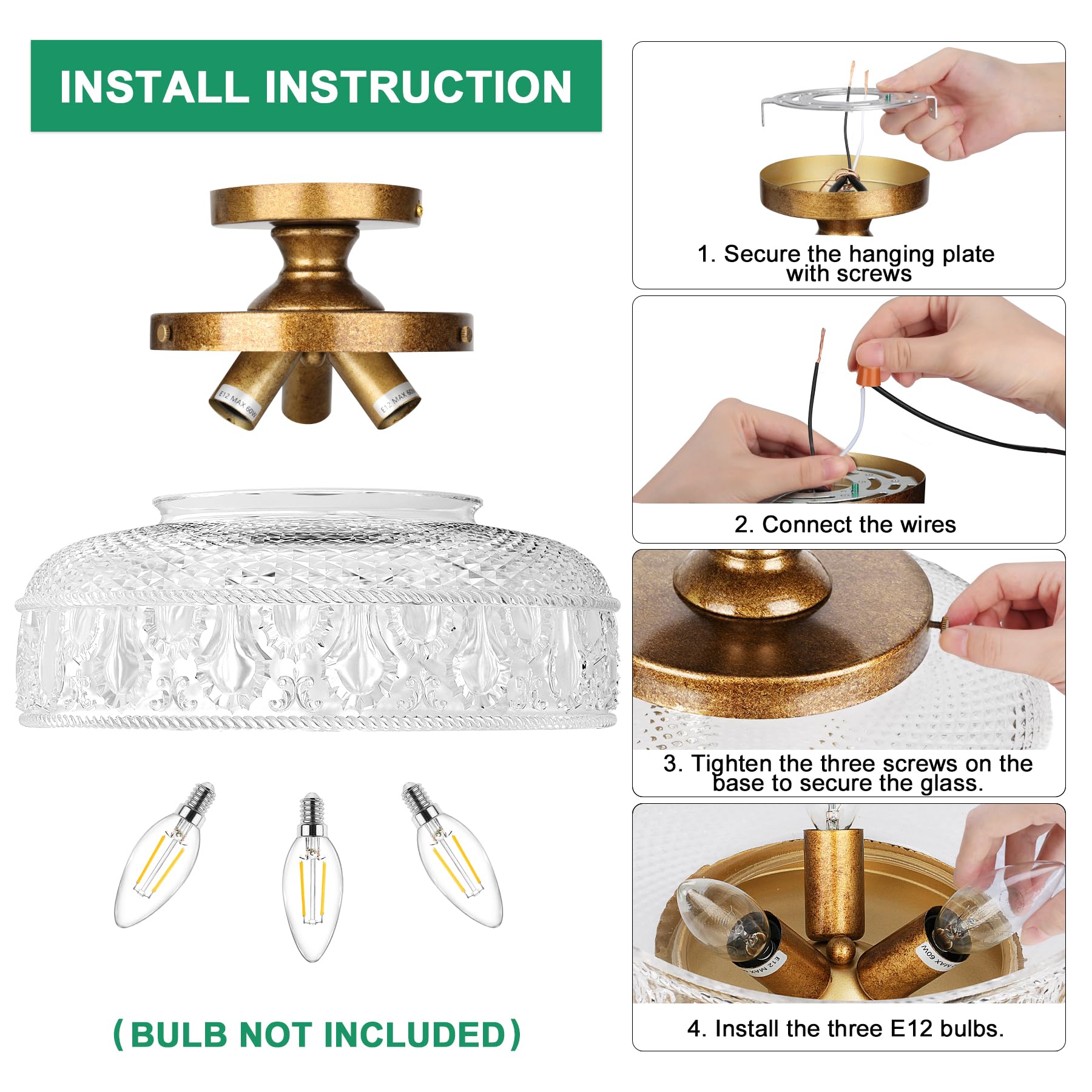 Semi Flush Mount Ceiling Light, Upgraded Larger Golden Hallway Light Fixture, 3-Bulb Globe Glass Close to Ceiling Light,Indoor Hanging Light for Bedroom Kitchen Porch Hallway,Bulbs Not Included