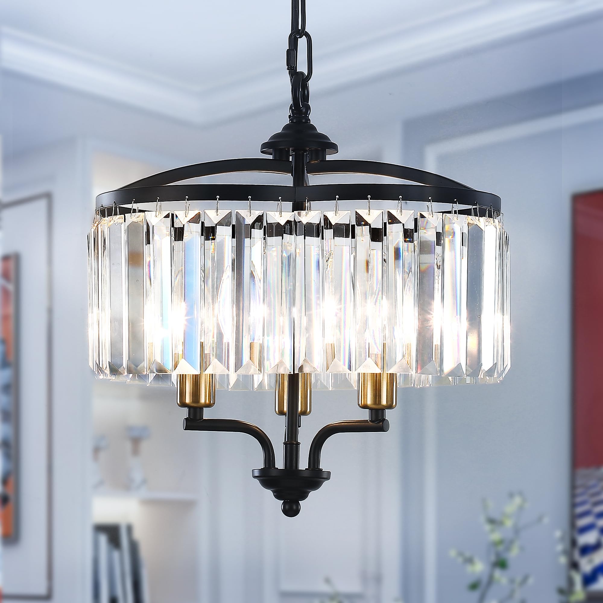 Modern Black Glass Chandeliers for Dining Room Water Ripple Glass Light Fixture 6-Light Crystal Chandeliers for Kitchen Island Living Room Bedroom