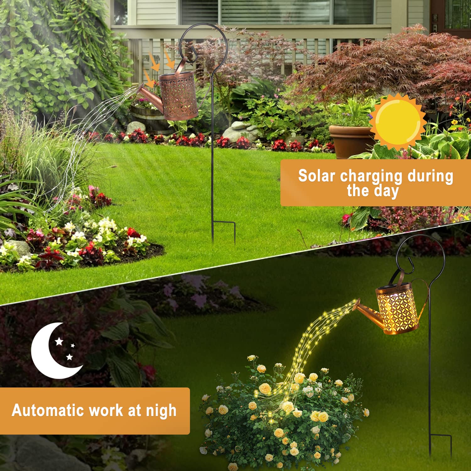 Solar Watering Can with Lights, Outdoor Solar Garden Lights,Garden Decor, Hanging Lantern Waterproof,Metal Solar Waterfall Lights for Yard Patio