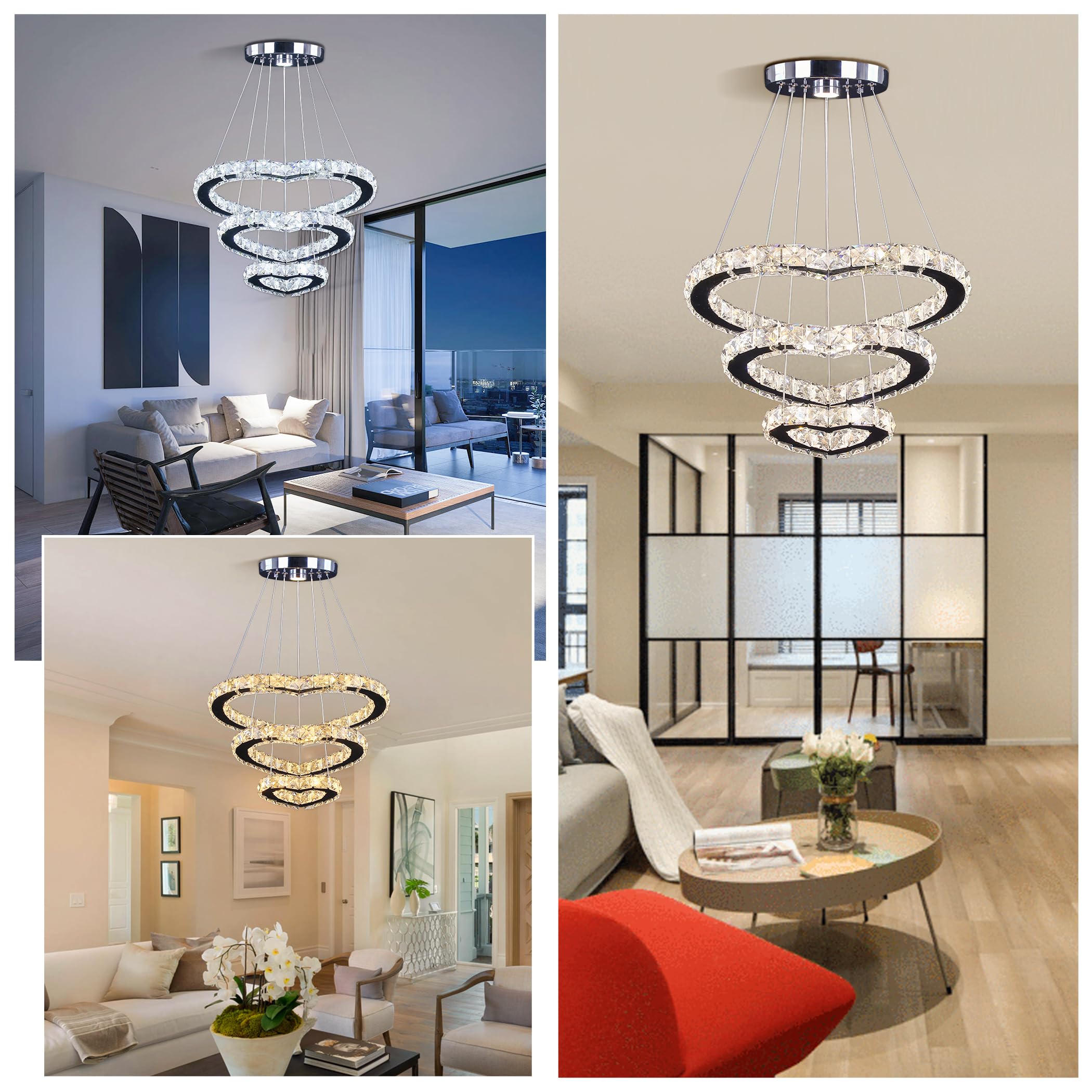 Modern LED Chandeliers Crystal Chandelier 3 Ring Round Pendant Lighting Adjustable Stainless Steel Ceiling Light Fixture for Living Room Dining Room Bedroom