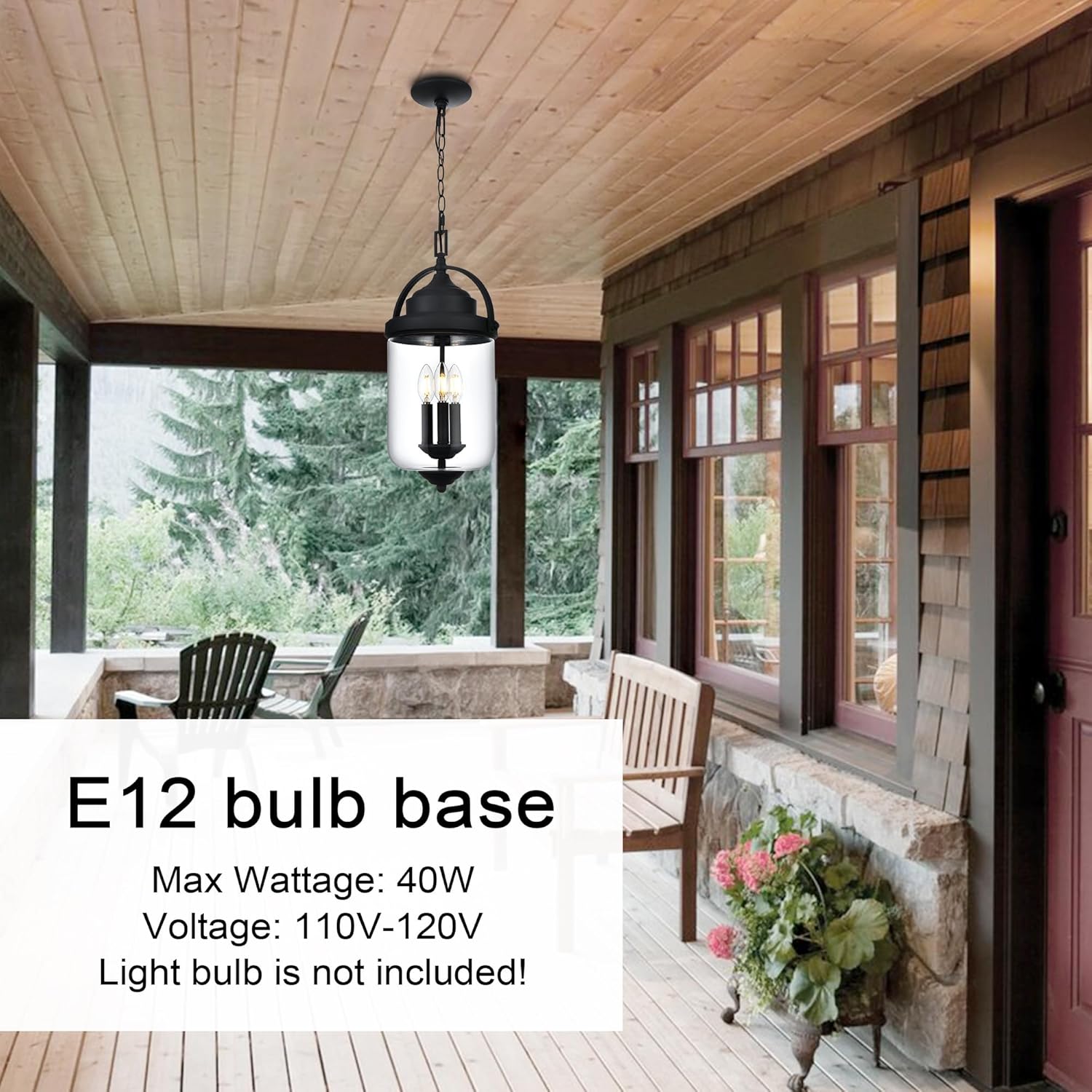 Outdoor Pendant Lights for Porch, 3-Light Outdoor Chandelier Exterior Hanging Lantern in Brushed Nickel Finish with Clear Glass, Front Door Hallway Porch Lighting