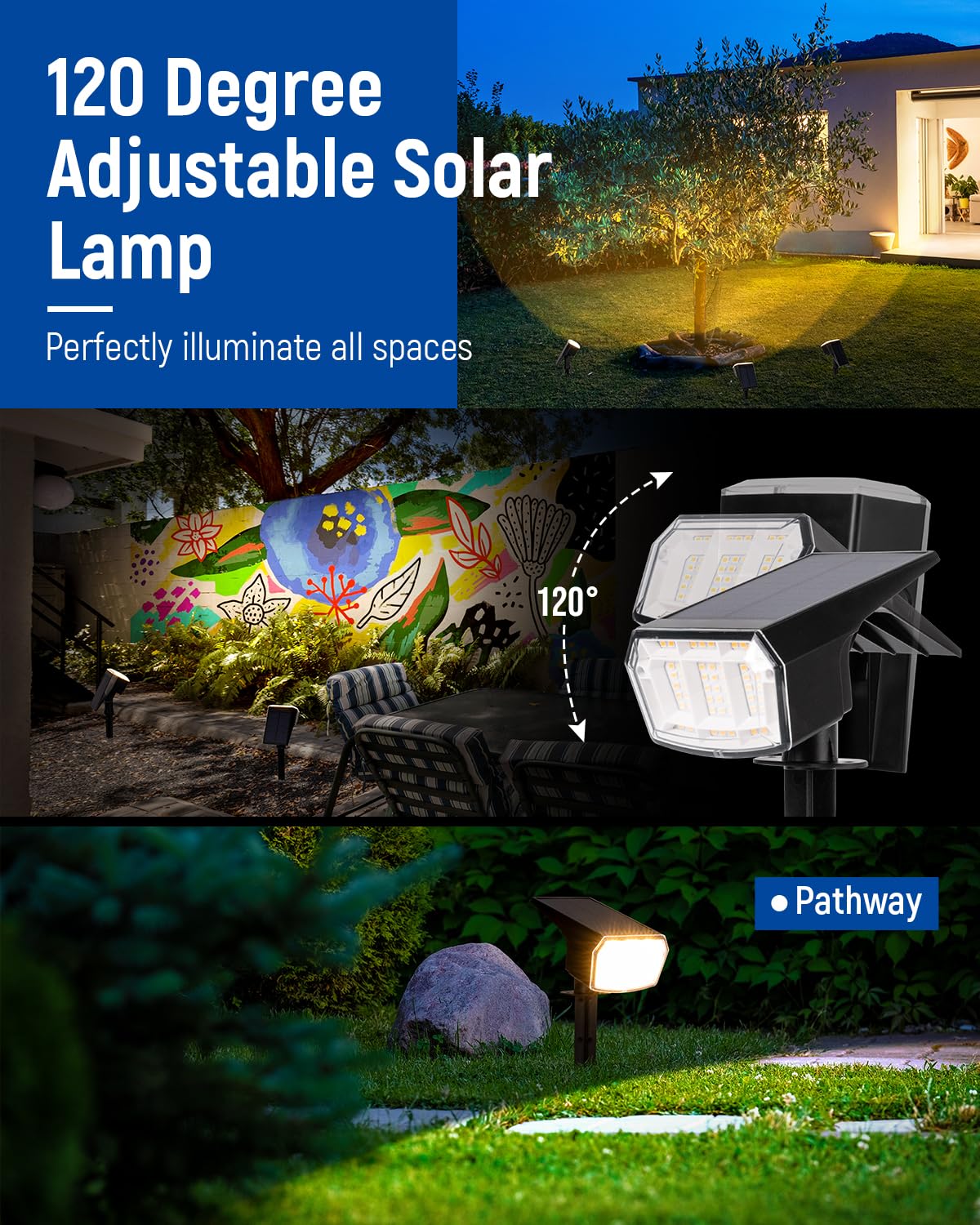 Solar Spot Lights Outdoor Waterproof 4 Pack IP65, 63 LED 3 Lighting Modes Spotlights for Yard Garden House Garage Pathway