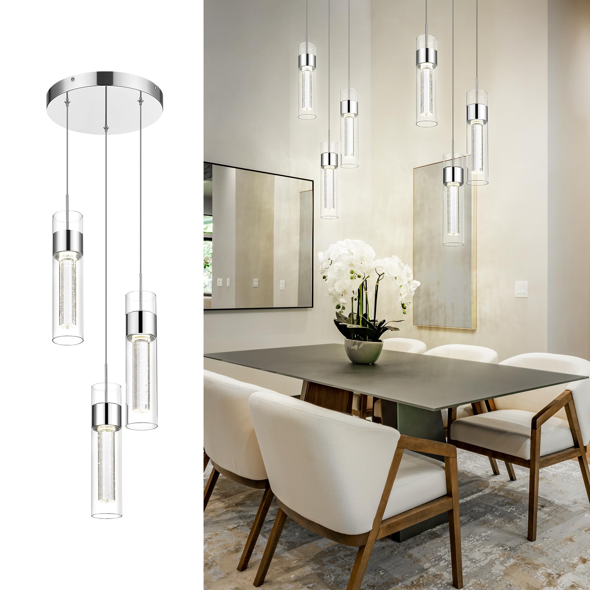 Pendant Light Fixtures, 3-Lights, Modern LED Pendant Lights with Clear Glass and Bubble Crystal, Adjustable Pendant Lights for Kitchen Island, KDPL09-GD-3L