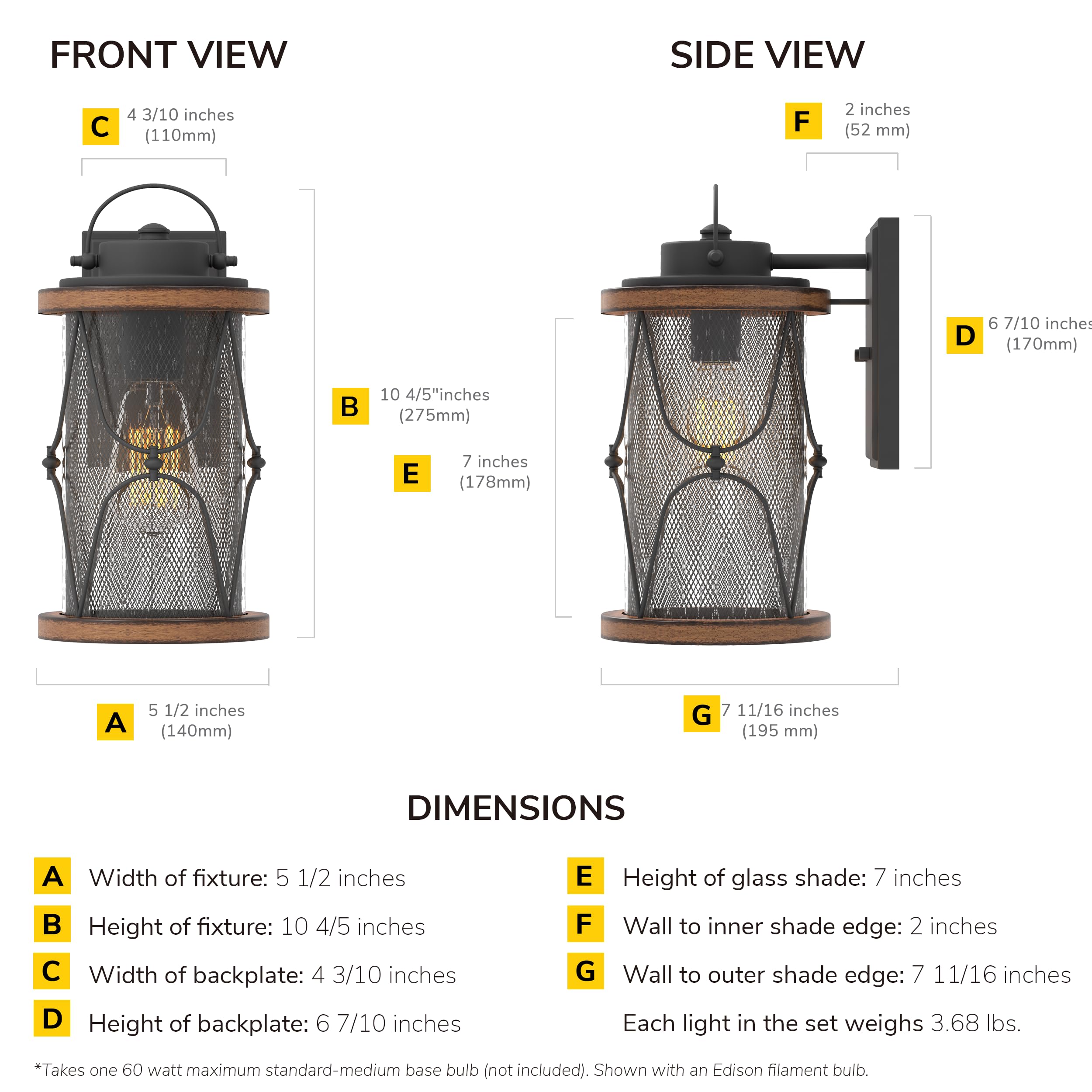 High Outdoor Wall Light, Black and Faux Barnwood Finish, Bulb Not Included, IN-0605-2-BK