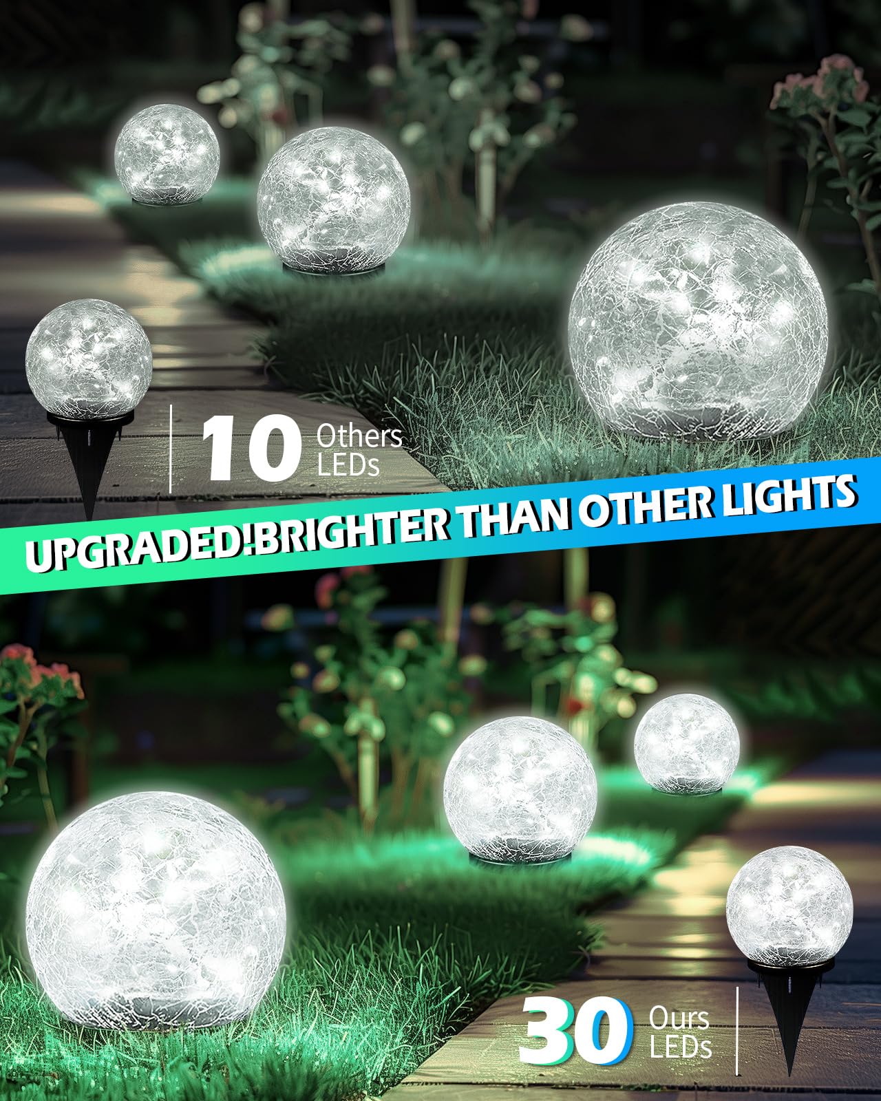 Garden Solar Ball Lights Outdoor Waterproof, 50 LED Cracked Glass Globe Solar Power Ground Lights for Path Yard Patio Lawn, Christmas Decoration Landscape Warm White(2 Pack 4.7'')