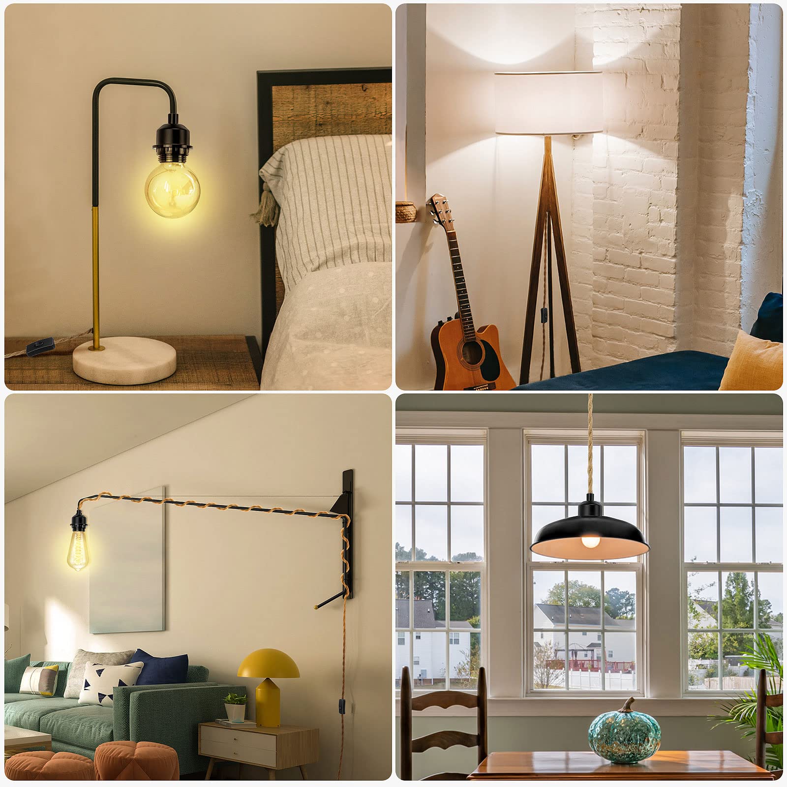 Plug in Pendant Light Cord, Farmhouse Hanging Lights with Plug in Cord, 15FT Hemp Rope Plug in Hanging Light Cord Kit with On/Off Switch, E26 E27 Light Socket Cord for Hanging Light