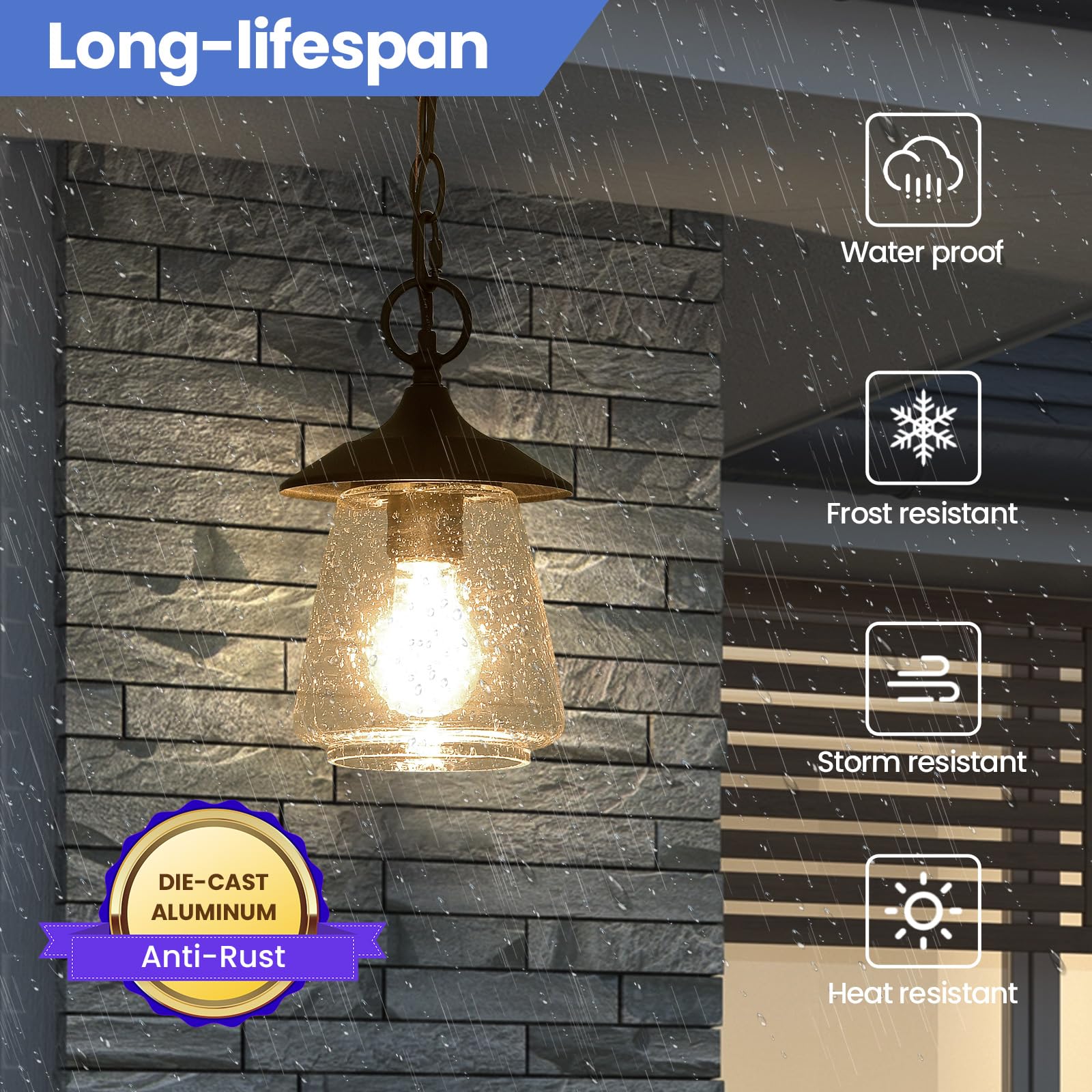 Outdoor Pendant Light, Black Outdoor Porch Light fixtures with Anti-Rust, Exterior Hanging Lantern, Height Adjustable Outside Chandelier with Water Glass for House Patio Garage