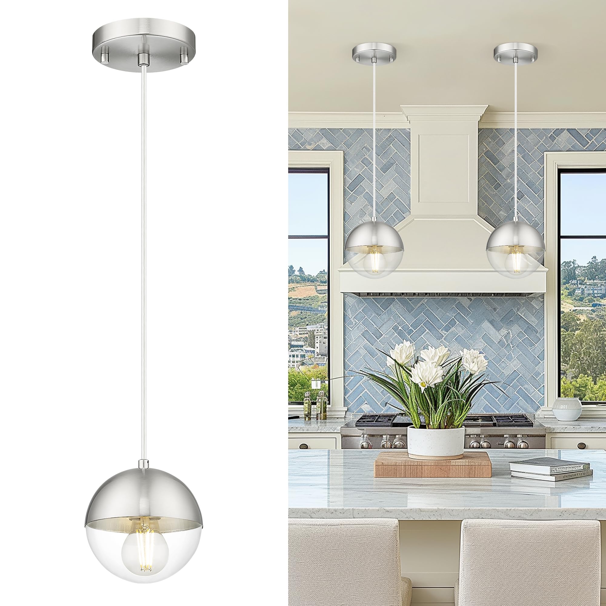 Modern Pendant Lighting Gold Globe Pendant Light Fixture, Mid Century Chandelier One Light Hanging Fixture for Kitchen Island, Adjustable Indoor Lighting for Dinning Room Bedroom, LMS-187