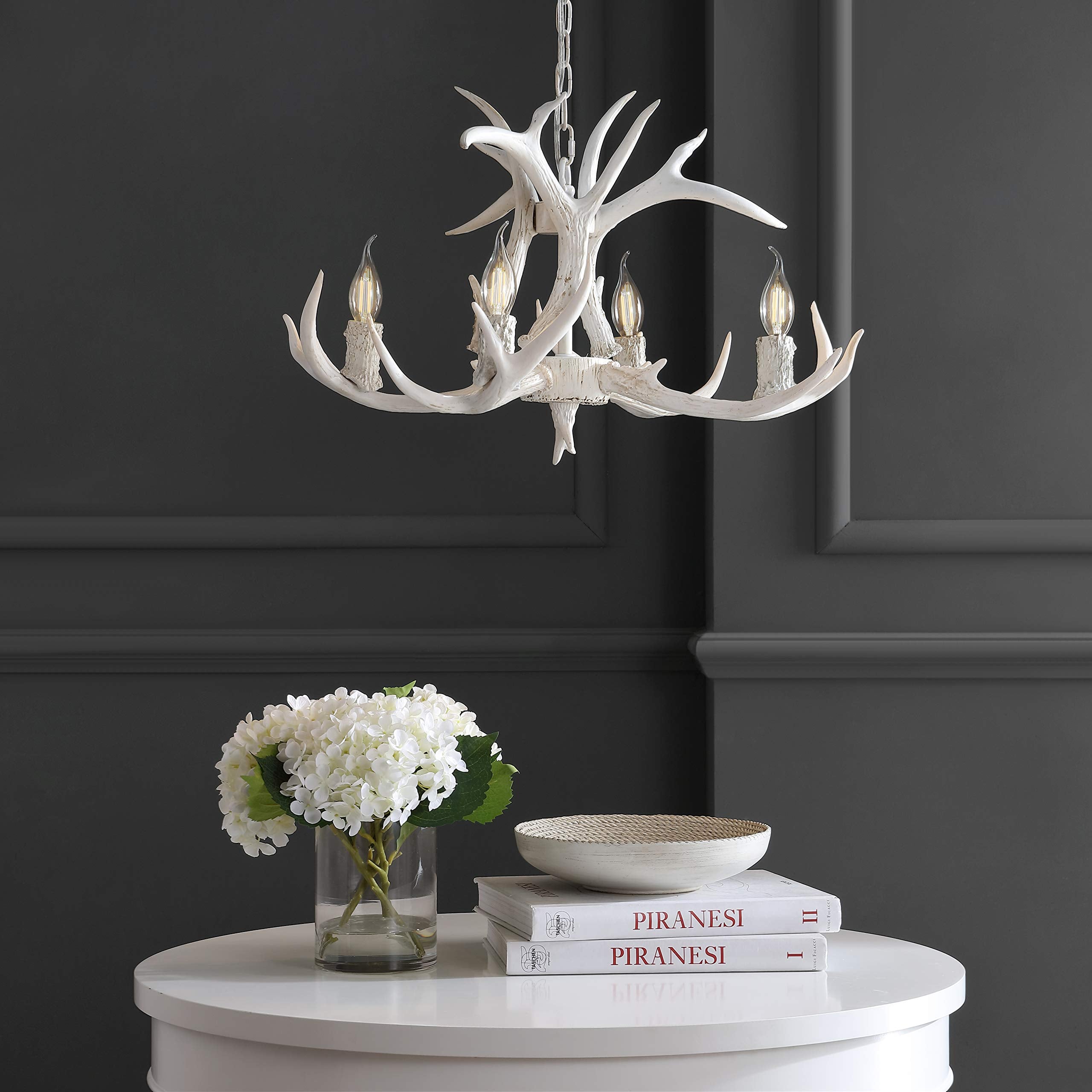 30" Adjustable Resin Antler 5-Light LED Chandelier, Glam, Rustic,Cottage,Transitional, Dimmable Dining Room, Living Room, Kitchen, Foyer, Bedroom, White