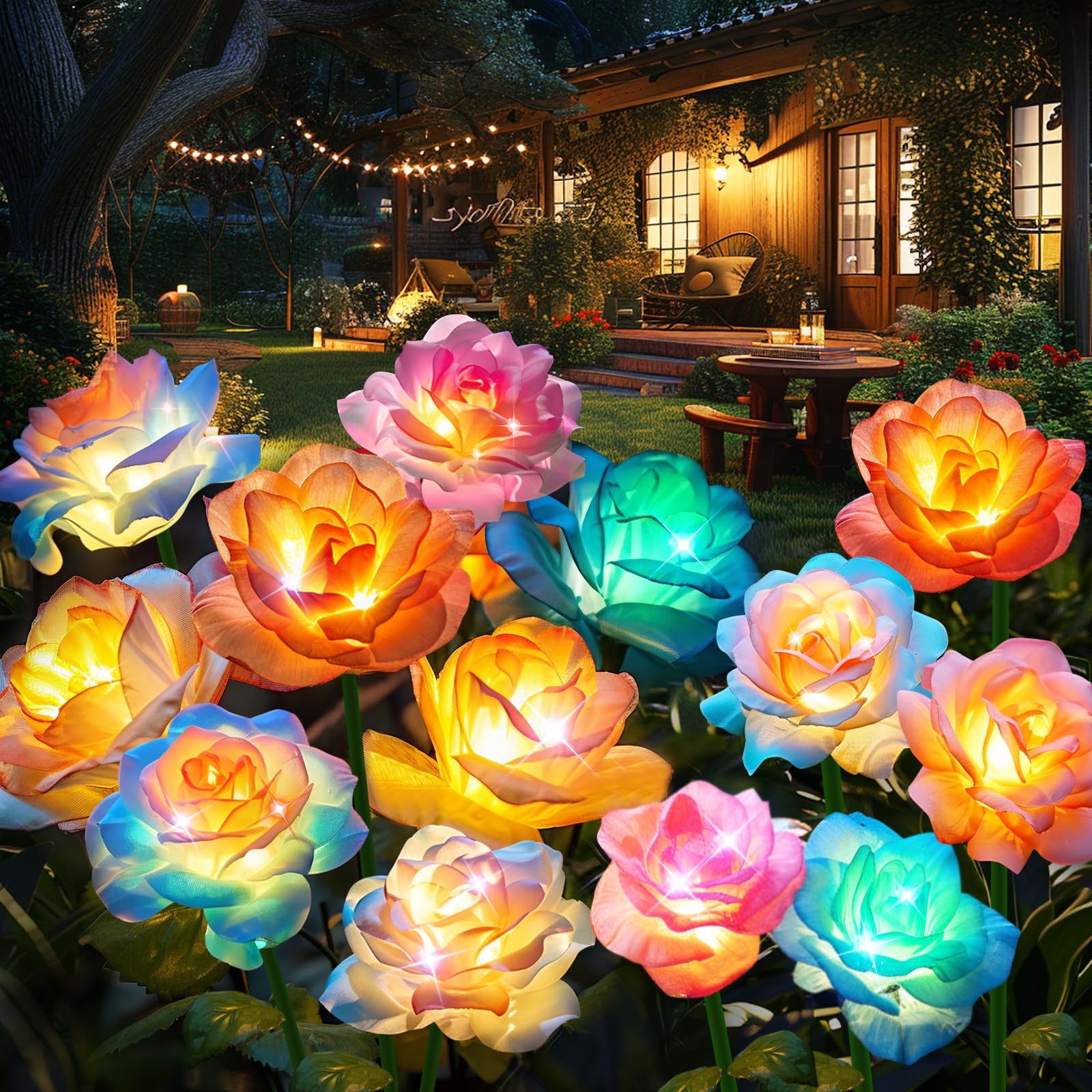 Solar Garden Lights Outdoor Waterproof: 4 Pack Solar Flowers Decorative Lights with 20 Rose Flowers, 7 Color Changing Flower Lights Solar Powered, Solar Yard Lights for Outside Patio Lawn Party Decor