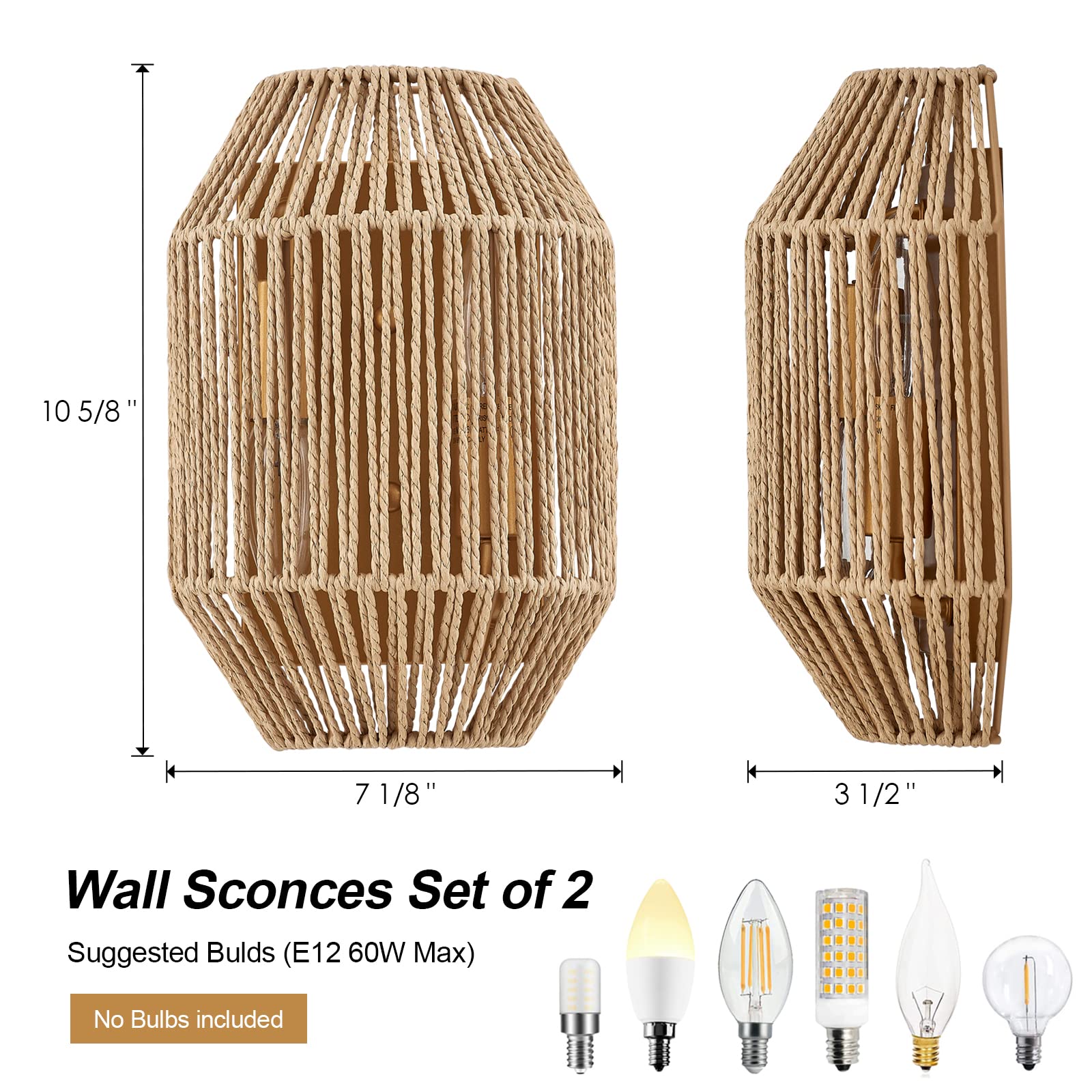 Natural Rattan Wall Sconce Set of 2, with Boho Woven Wicker Shade Antique Brass Brush Paint Finish for Vanity Stairway Fireplace Living Room Bedside Passway Hallway