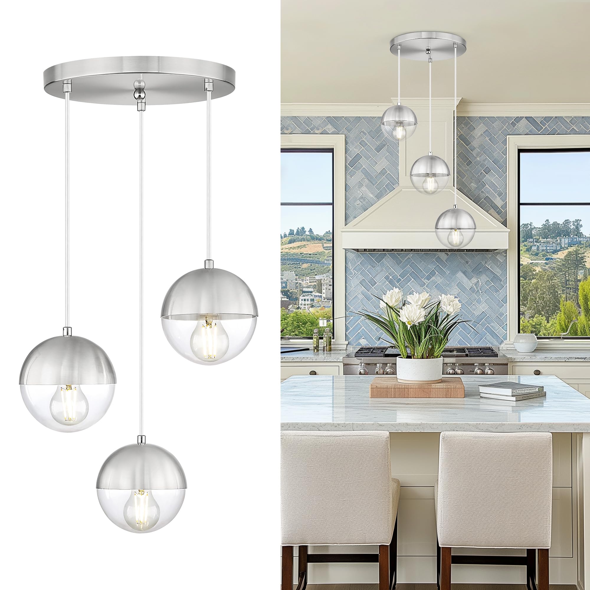 Modern Pendant Lighting Gold Globe Pendant Light Fixture, Mid Century Chandelier One Light Hanging Fixture for Kitchen Island, Adjustable Indoor Lighting for Dinning Room Bedroom, LMS-187