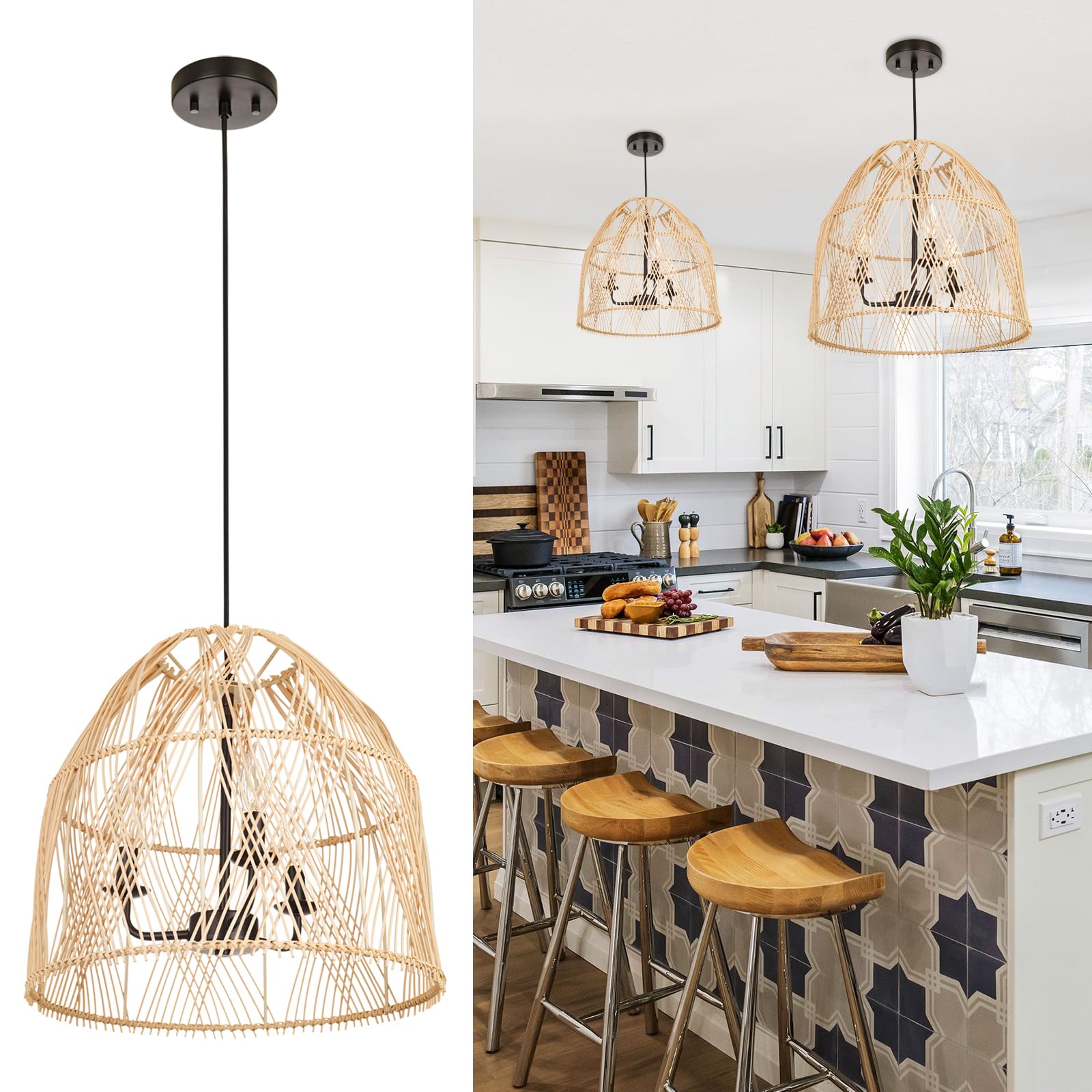 Rustic Farmhouse Bamboo Pendant Light - 18 Inch Large Dome Handwoven Ceiling Mounted Bamboo Chandelier Shades, Coastal Beach Hanging Rattan Light Fixture for Kitchen, Dining, Living Room