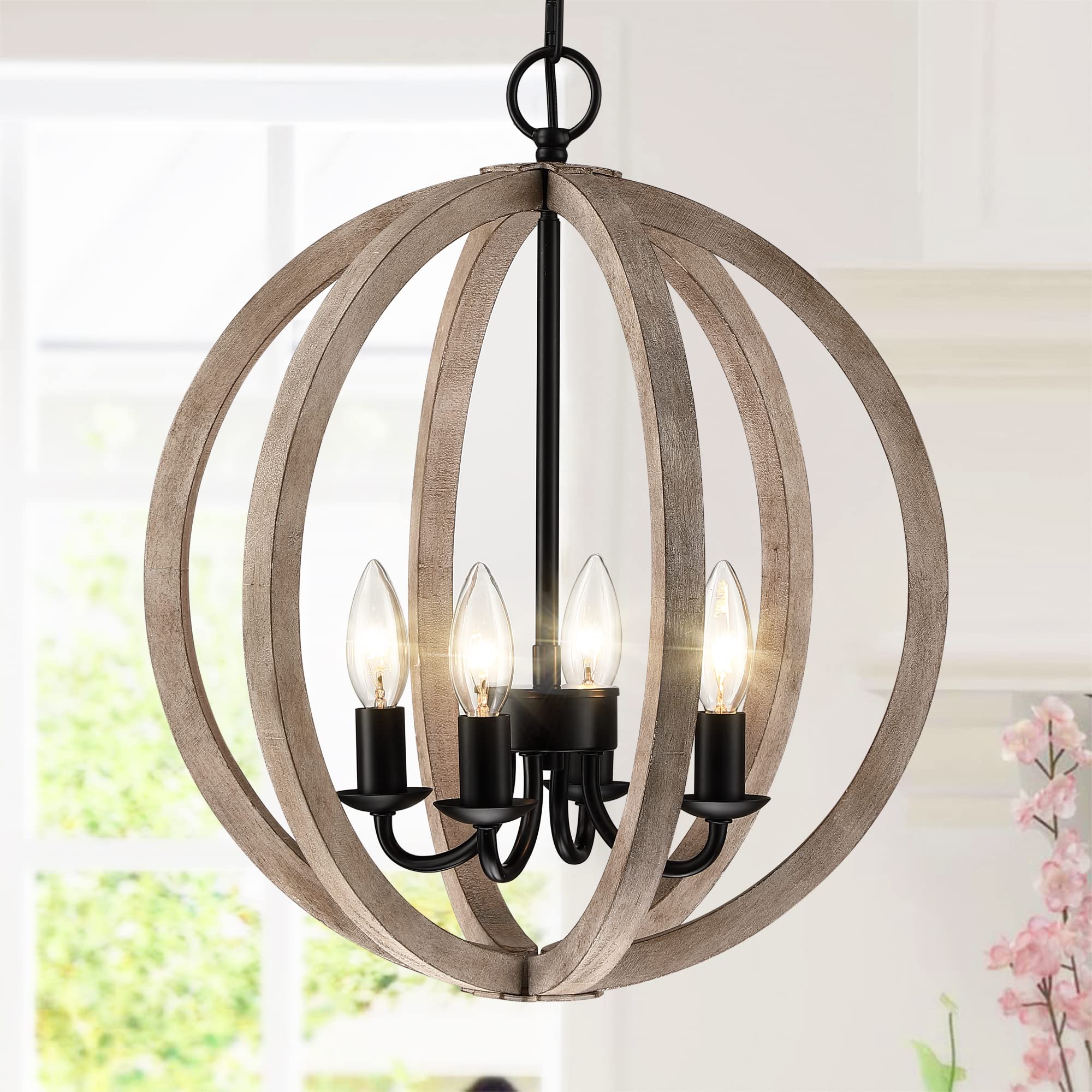 Farmhouse Chandelier, 16" 4-Light Wood Chandelier Rustic Orb Pendant Light Fixtures Black Ceiling Hanging Lighting for Dining Room Foyer Entryway Kitchen Island