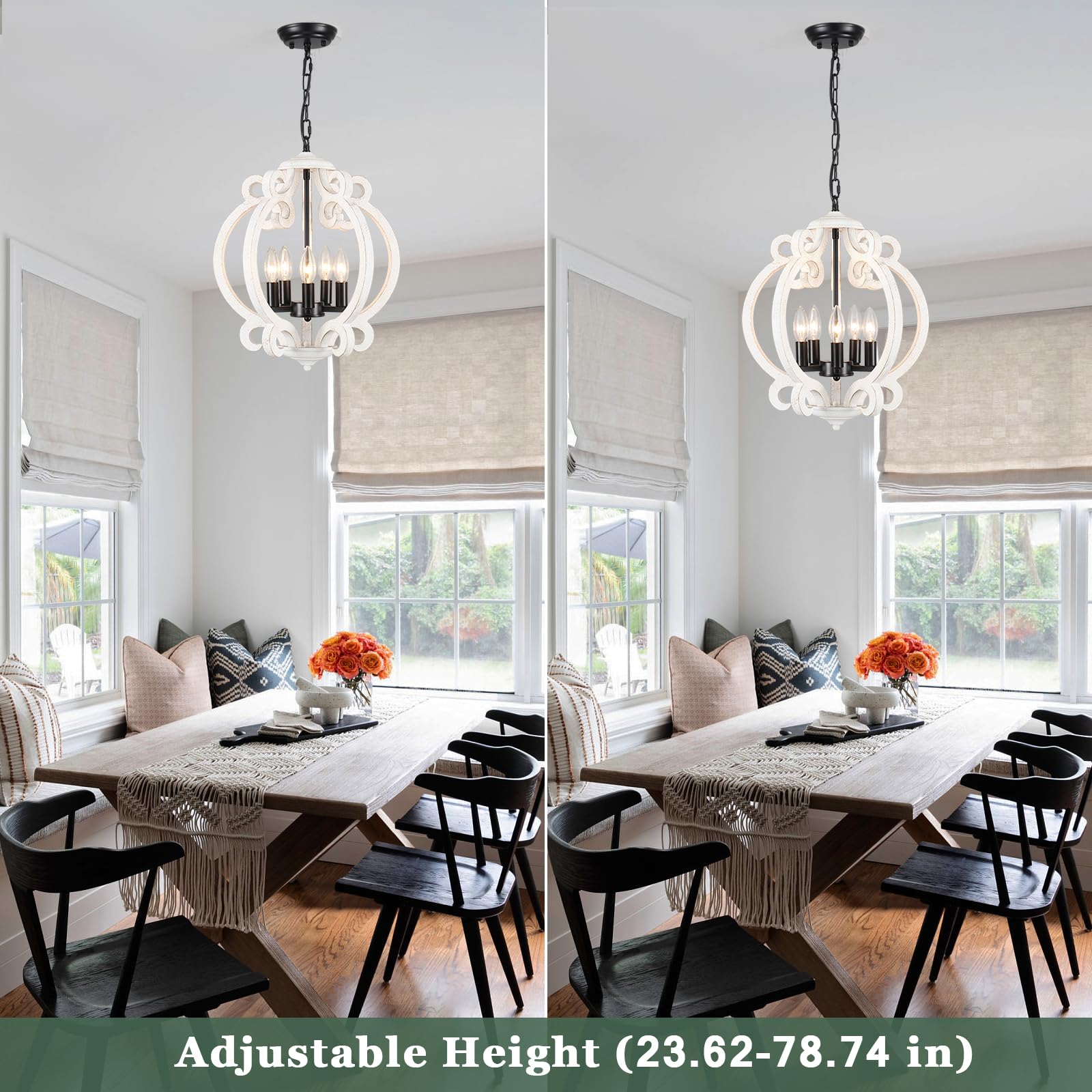 Wooden Chandeliers for Dining Room, 5 Lights Farmhouse Orb Chandeliers Antique White & Black French Country Chandelier for Living Room Kitchen Foyer